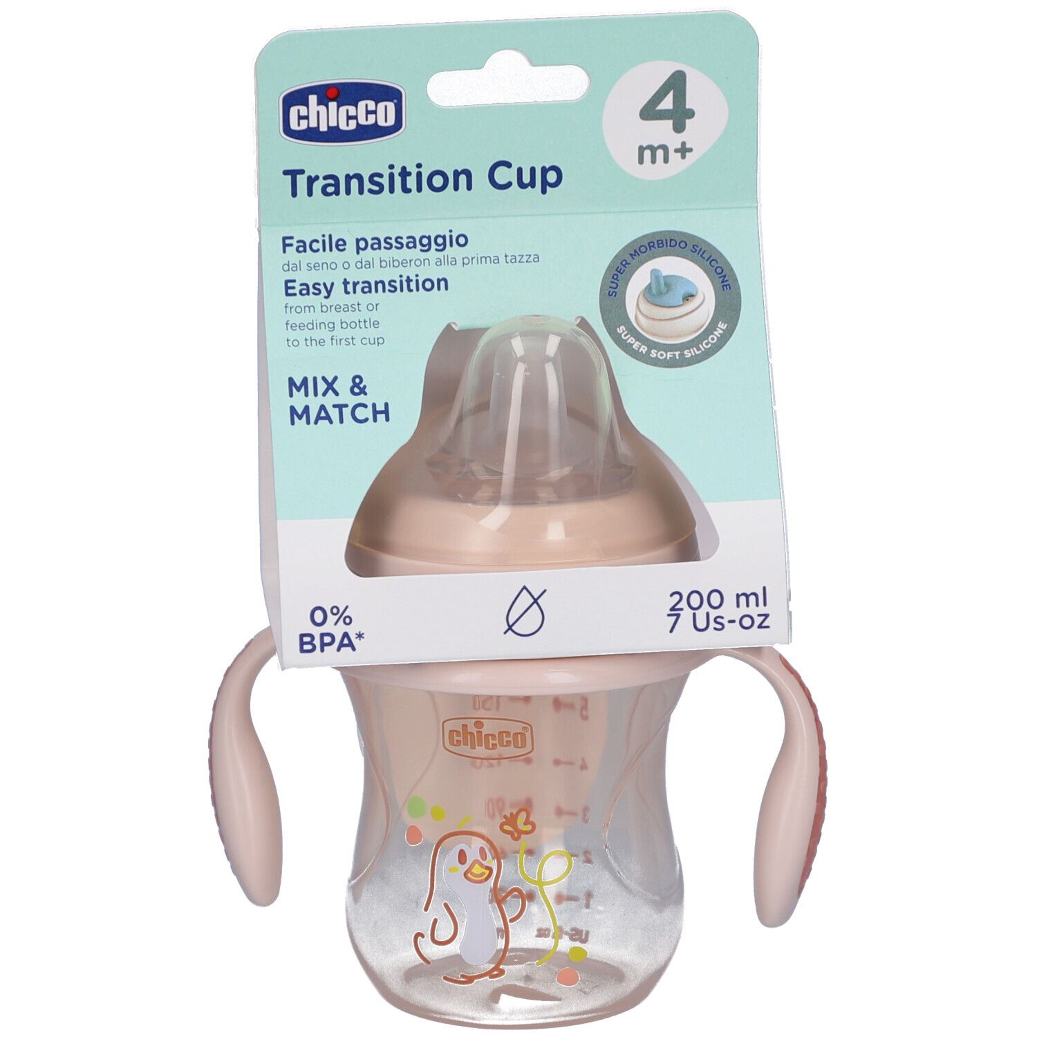 Gobelet de transition Chicco rose, avec poignées et tétine. Emballage. Âge 4m+. Sans BPA. 200 ml.