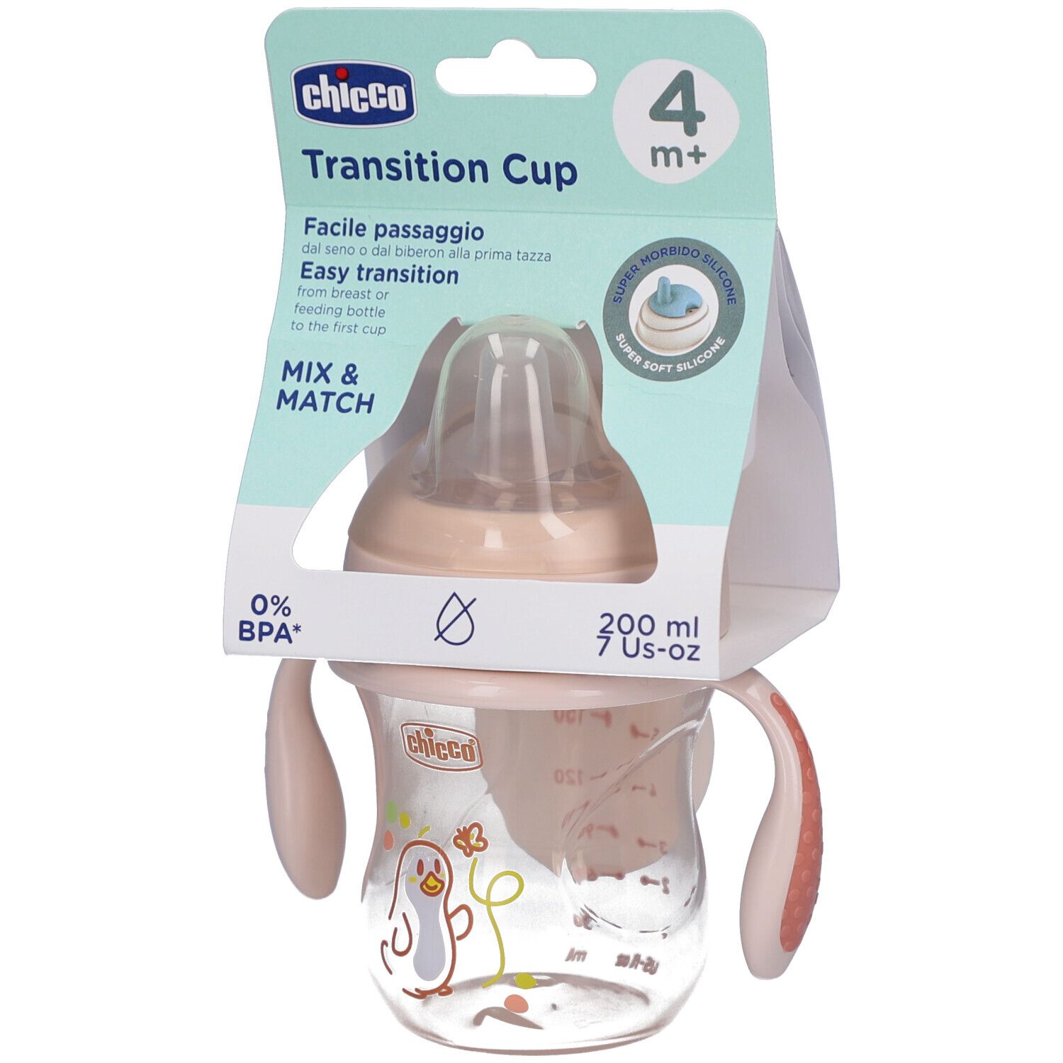 Gobelet de transition Chicco rose, avec poignées et tétine. Emballage. Âge 4m+. Sans BPA. 200 ml.
