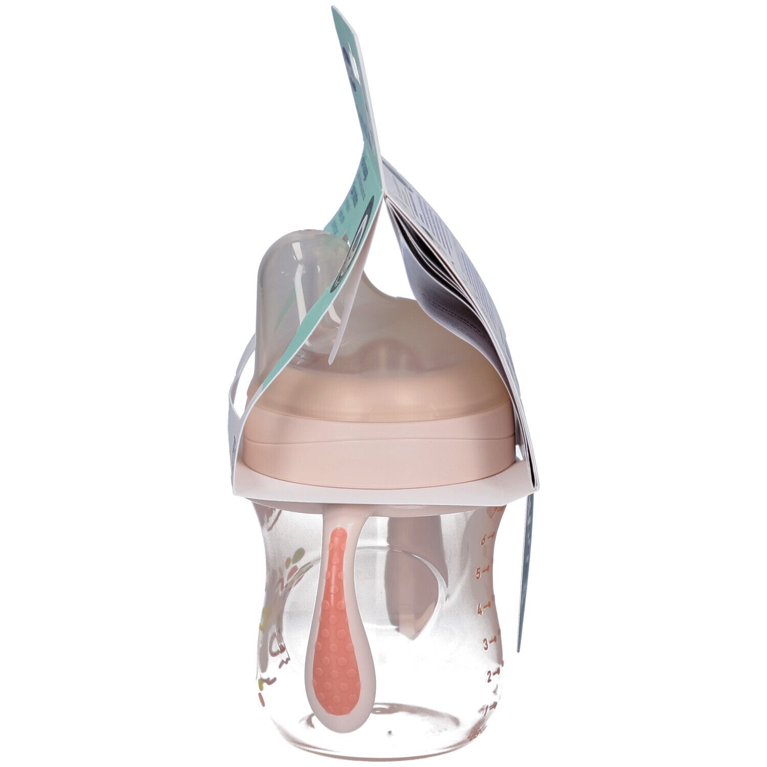 Gobelet de transition Chicco rose, vue latérale. Avec poignées, tétine et emballage. Échelle en ml.