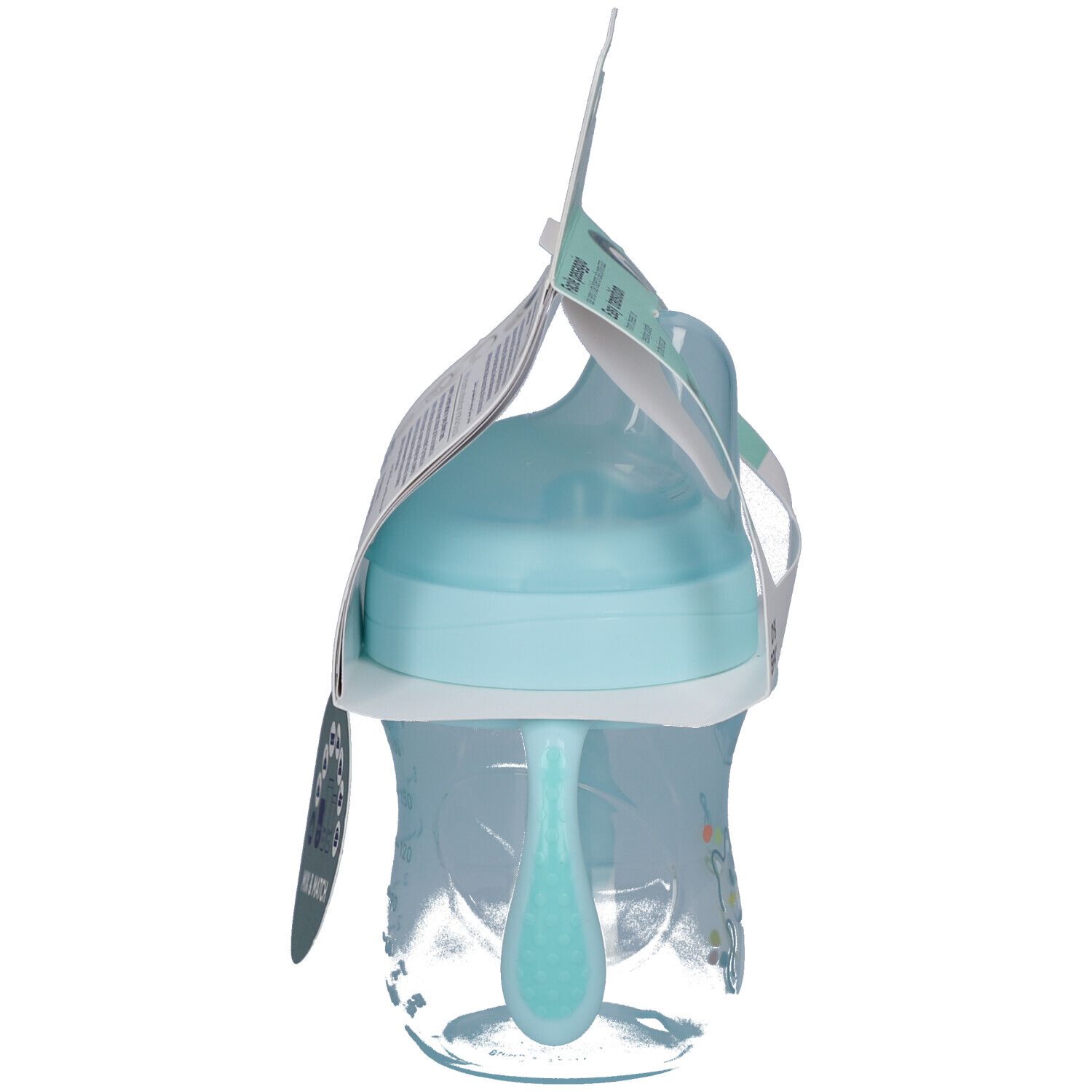 Seitenansicht des blauen Babybechers mit Griffen und Schnuller. Verpackung sichtbar.