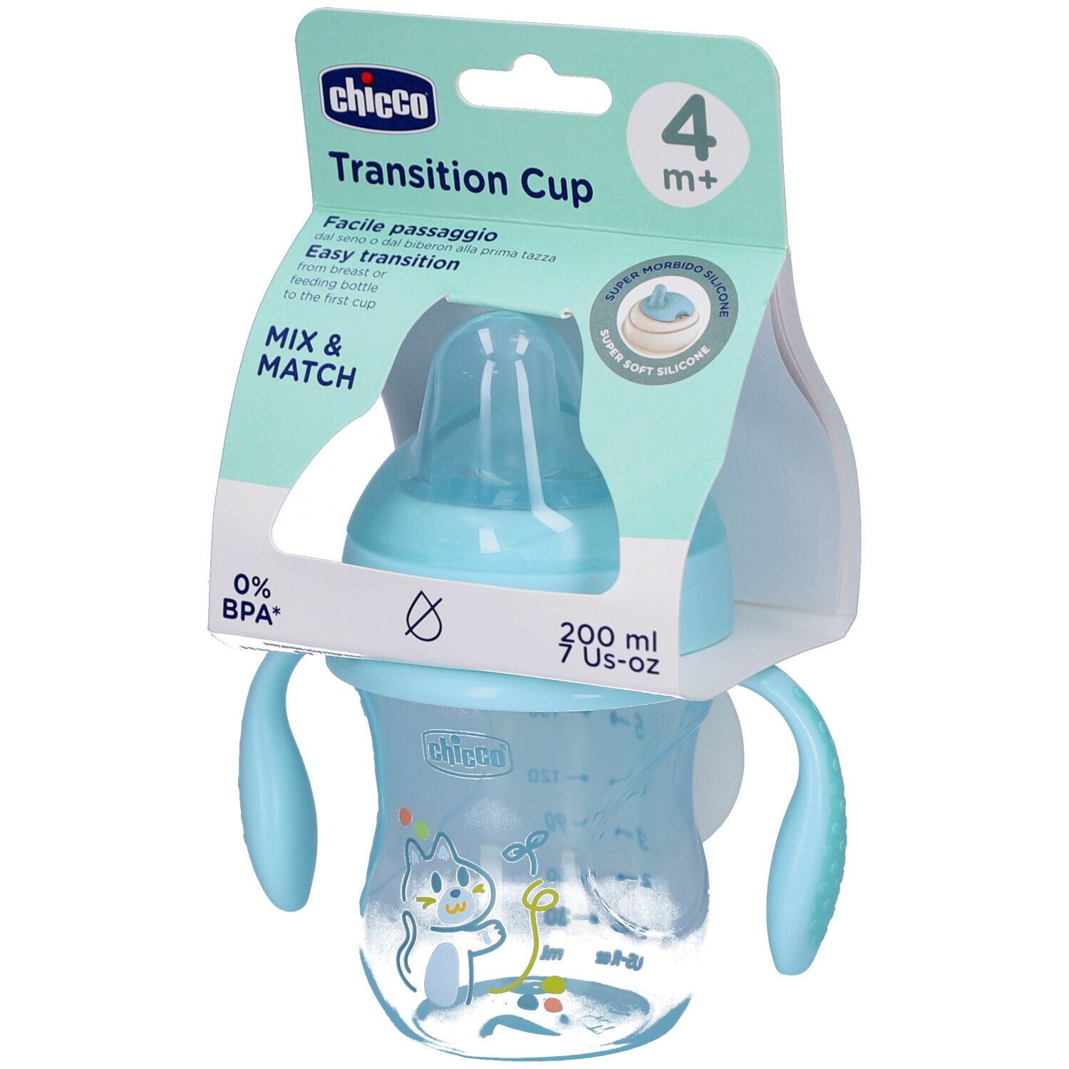 Blauer Babybecher mit Griffen und Schnuller. Verpackung mit Produktnamen und Logo. 200 ml.