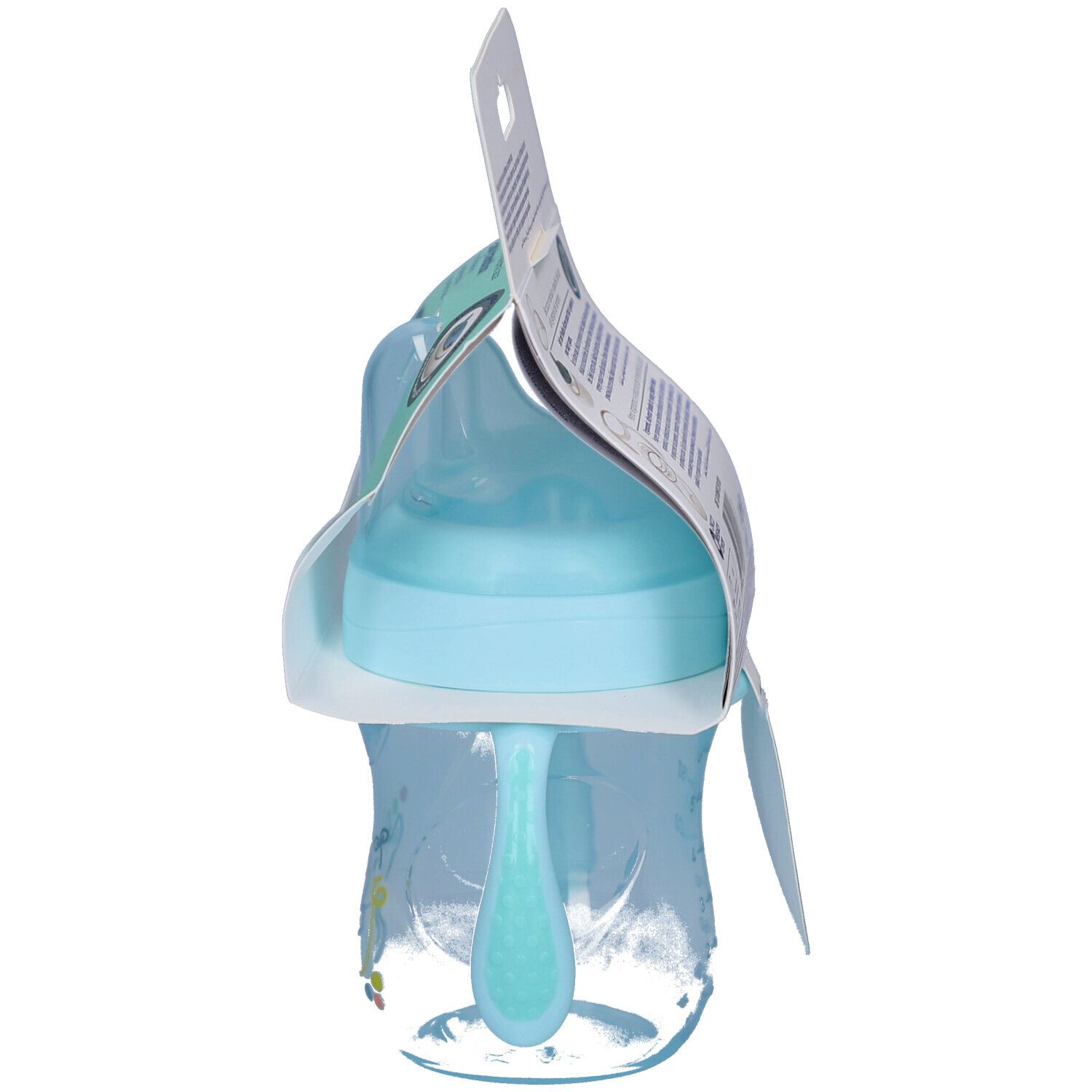 Seitenansicht des blauen Babybechers mit Griffen und Schnuller. Verpackung sichtbar.