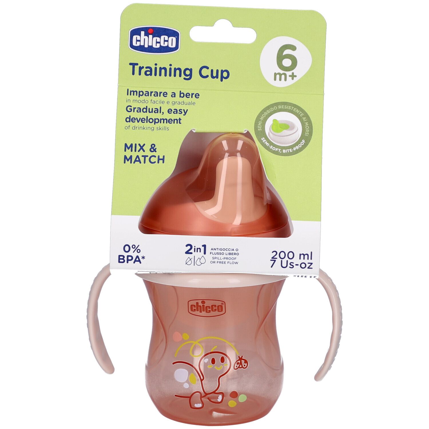 Chicco Training Cup, rosa, mit Griffen und Trinkaufsatz. Verpackung mit Produktinformationen.