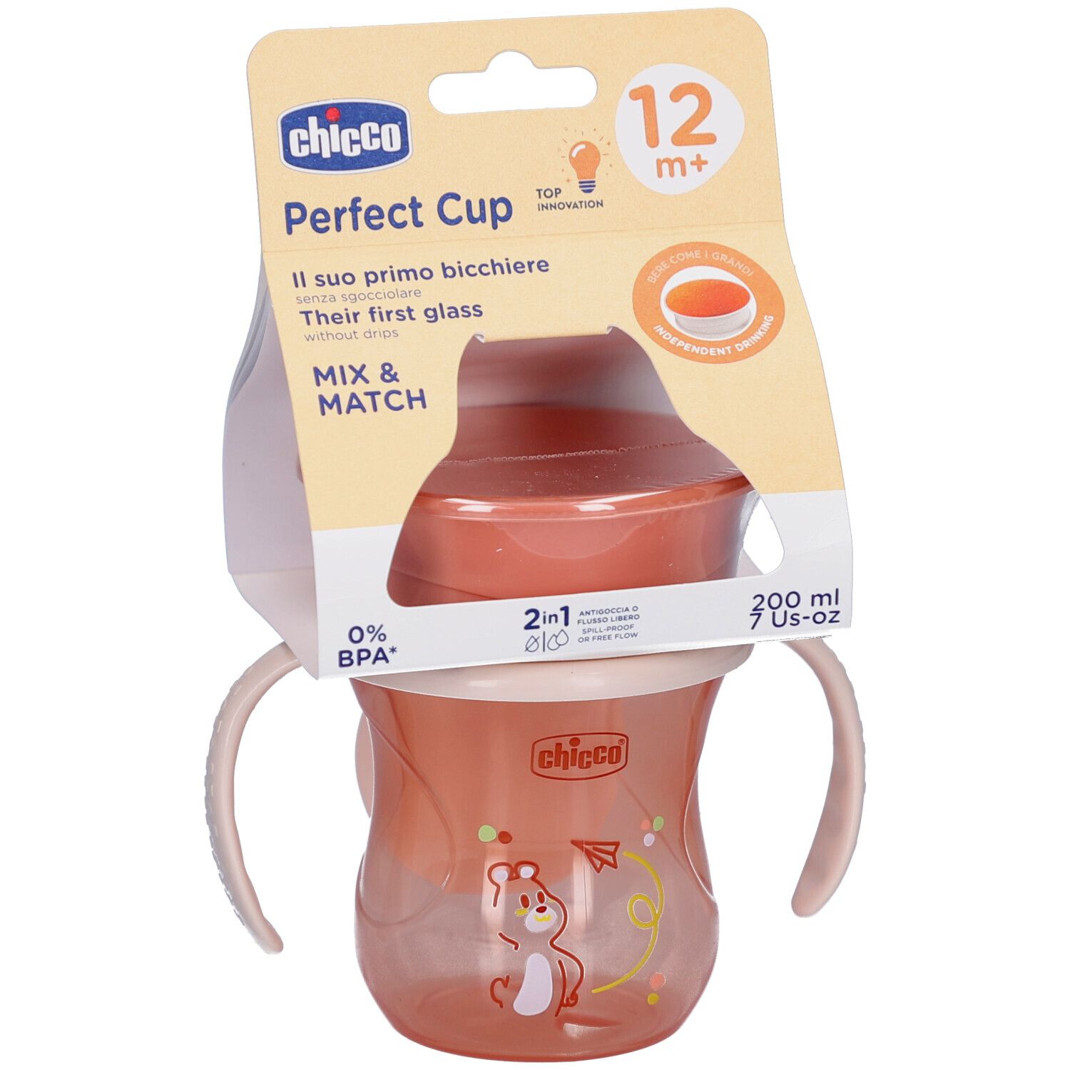 Trinkbecher mit Griffen, rosa. Verpackung mit Produktnamen und Altersempfehlung 12m+. Marke Chicco.