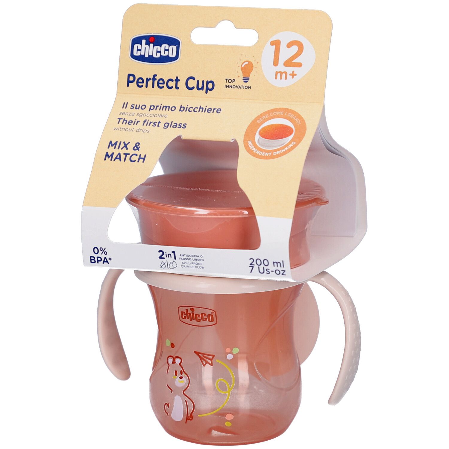 Trinkbecher mit Griffen, rosa. Verpackung mit Produktnamen und Altersempfehlung 12m+. Marke Chicco.