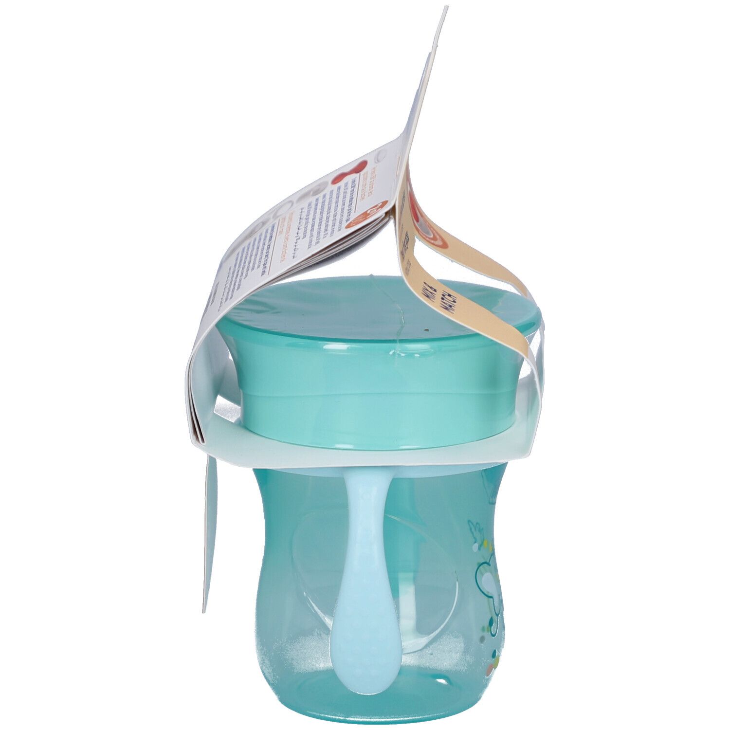 Vue latérale du gobelet d'apprentissage bleu-turquoise avec anses. Emballage avec informations sur le produit.