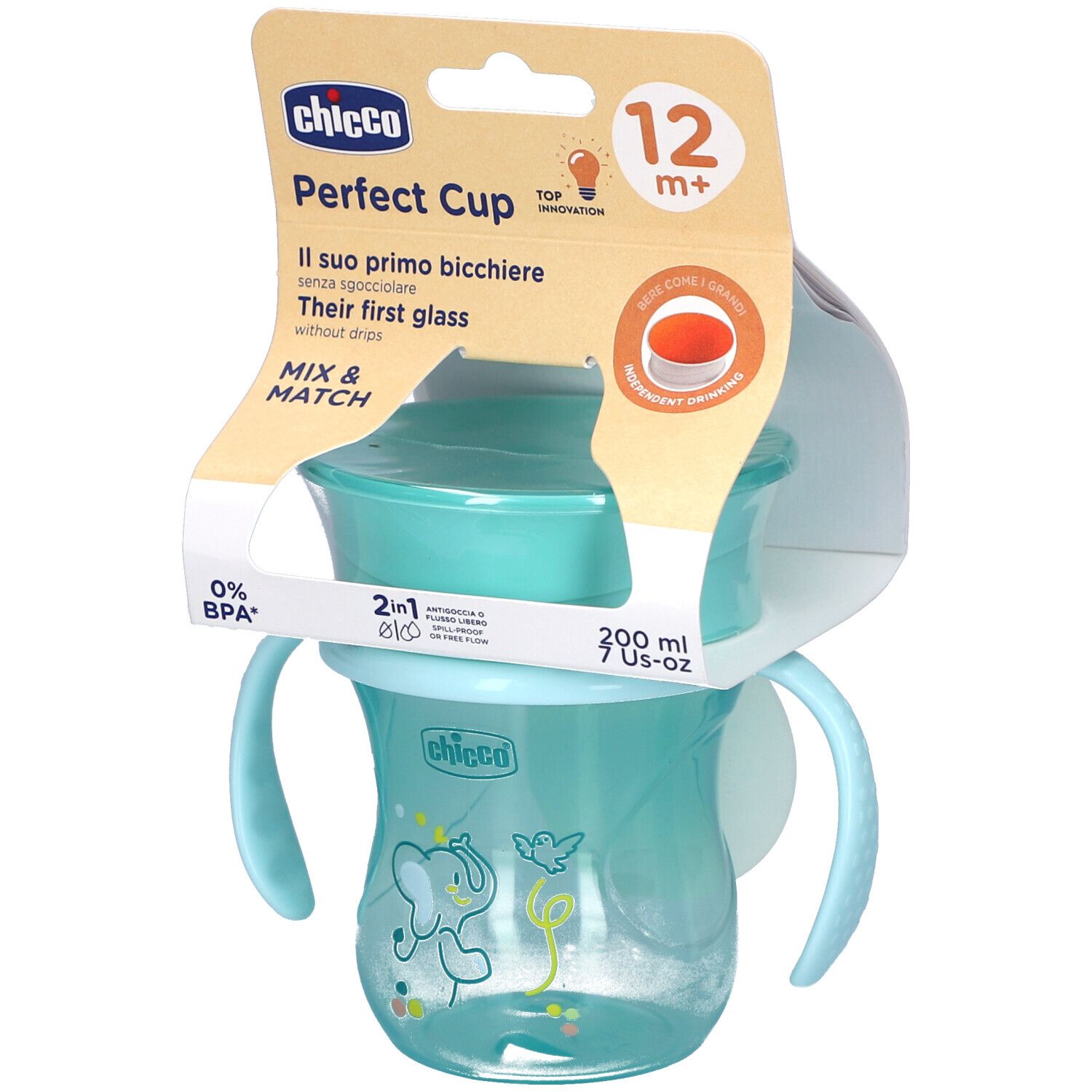 Gobelet d'apprentissage bleu-turquoise avec anses. Emballage avec nom du produit et recommandation d'âge. 200 ml.