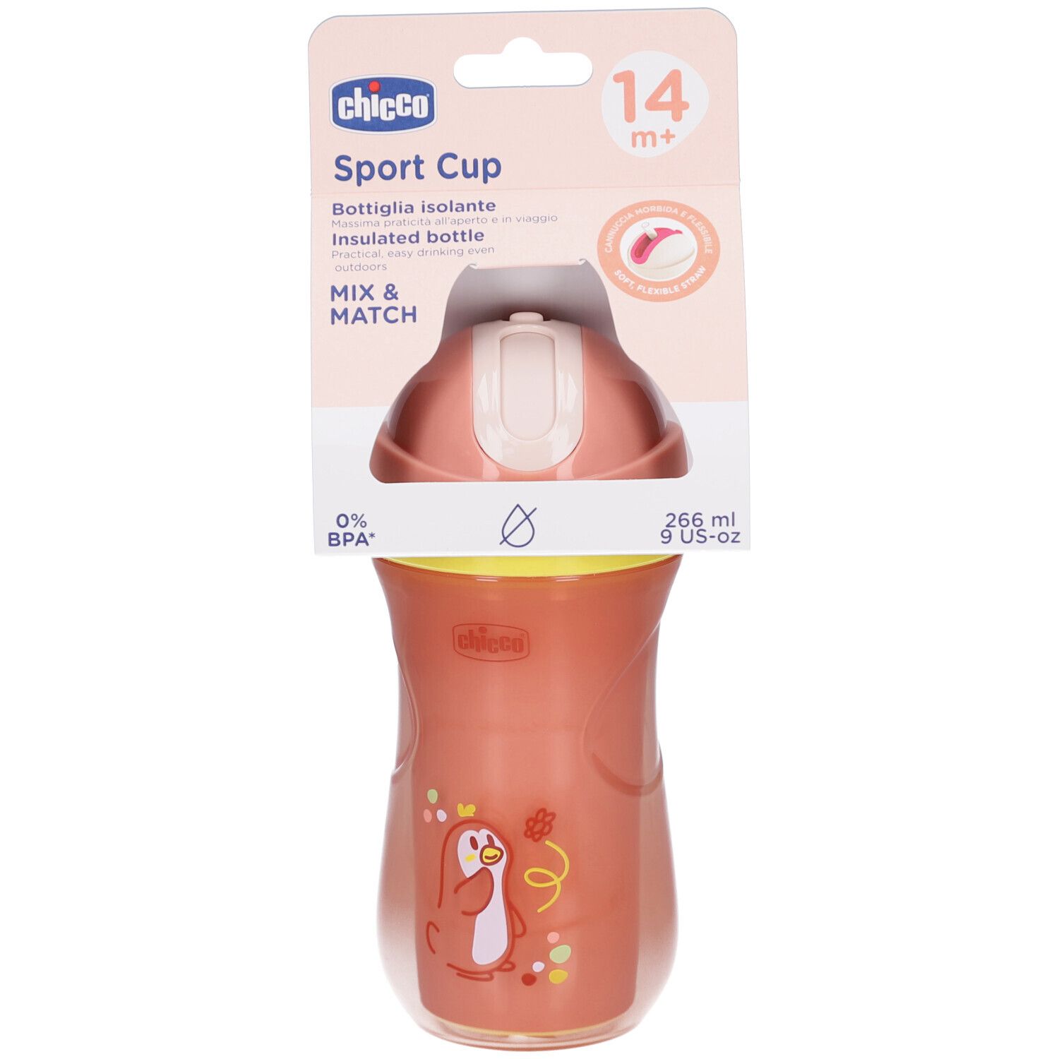 Isolierbecher mit Deckel und Strohhalm. Rosa Becher mit Pinguin-Illustration. Verpackung mit Produktnamen und Altersempfehlung.