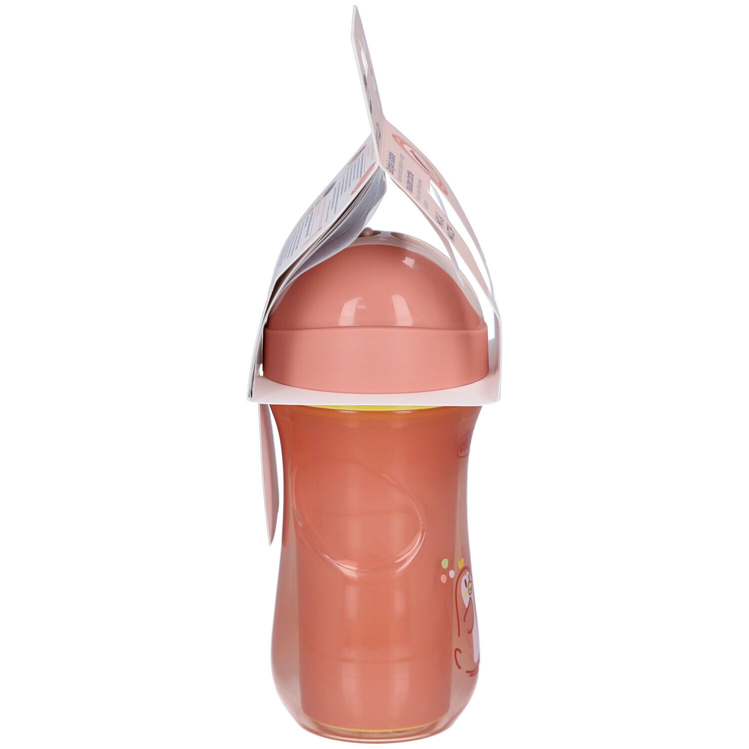 Seitenansicht des rosa Isolierbechers mit Strohhalm. Produkt in Verpackung. Details zur Form und zum Design des Bechers.