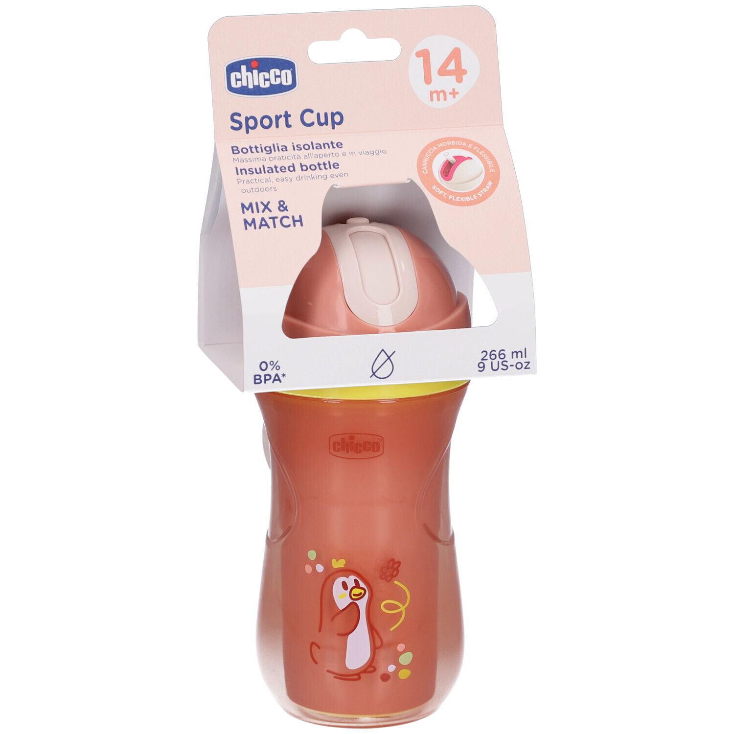 Isolierbecher mit Deckel und Strohhalm. Rosa Becher mit Pinguin-Illustration. Verpackung mit Produktnamen und Altersempfehlung.