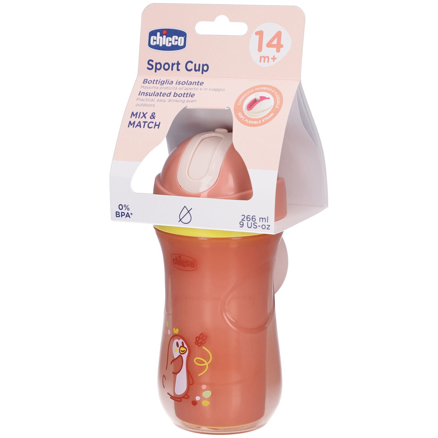 Isolierbecher mit Deckel und Strohhalm. Rosa Becher mit Pinguin-Illustration. Verpackung mit Produktnamen und Altersempfehlung.