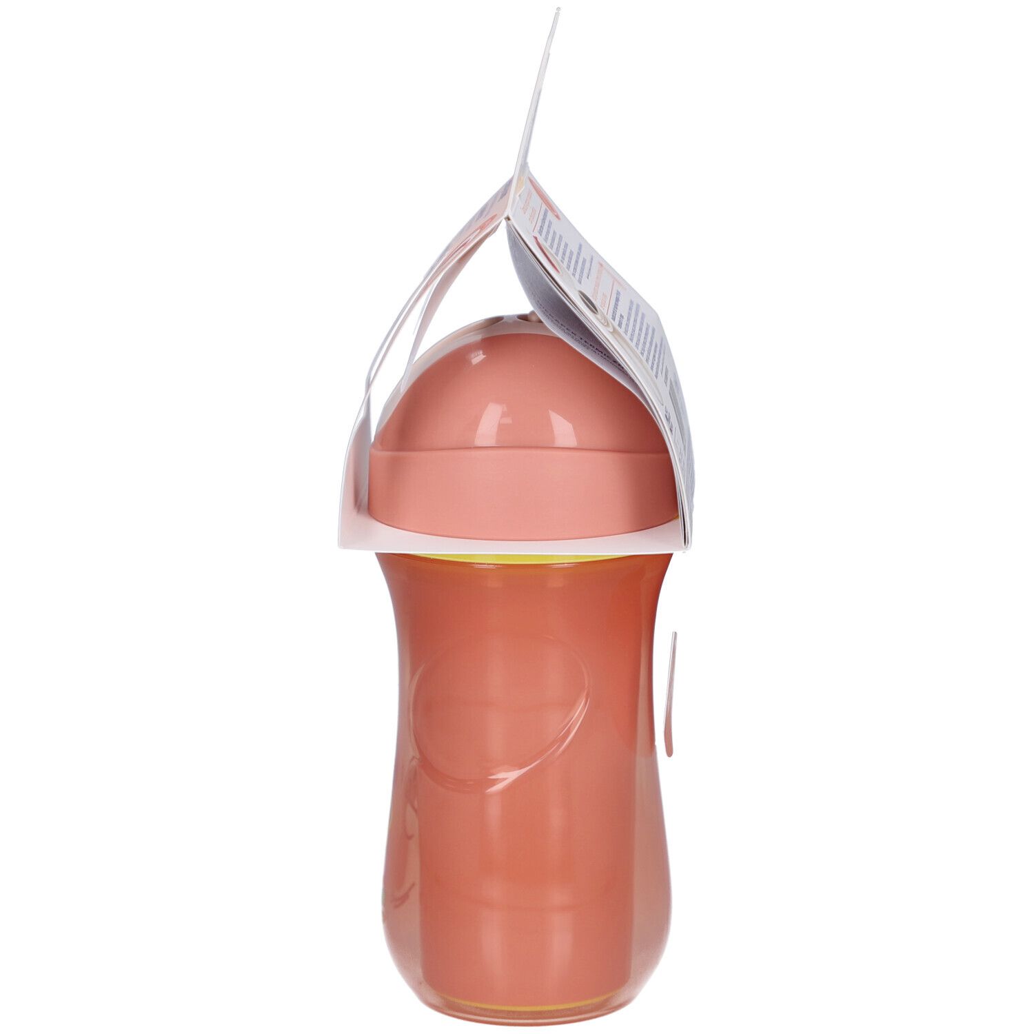 Seitenansicht des rosa Isolierbechers mit Strohhalm. Produkt in Verpackung. Details zur Form und zum Design des Bechers.