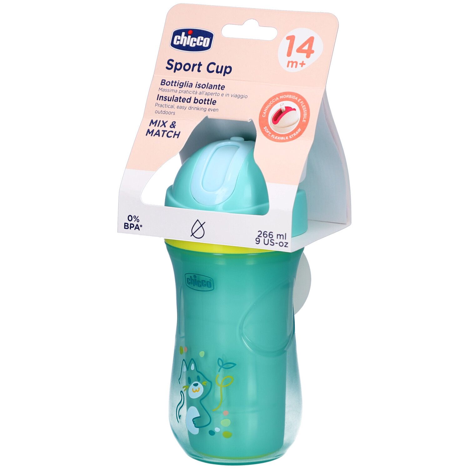 Türkisgrüner Sportbecher mit Deckel und Strohhalm. Verpackung mit Produktinformationen. BPA-frei. 266 ml.