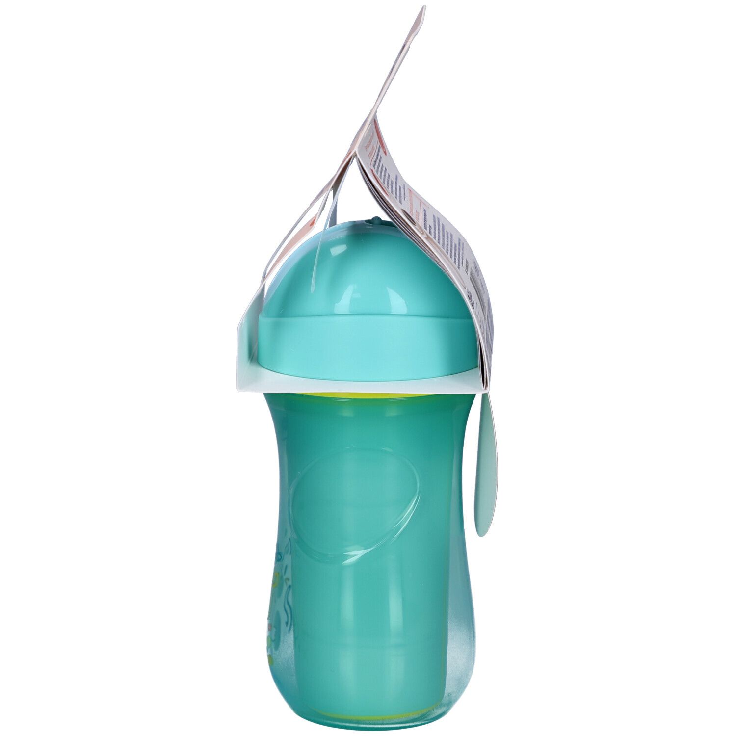 Türkisgrüner Sportbecher mit Deckel und Strohhalm. Seitenansicht mit Verpackung. BPA-frei.