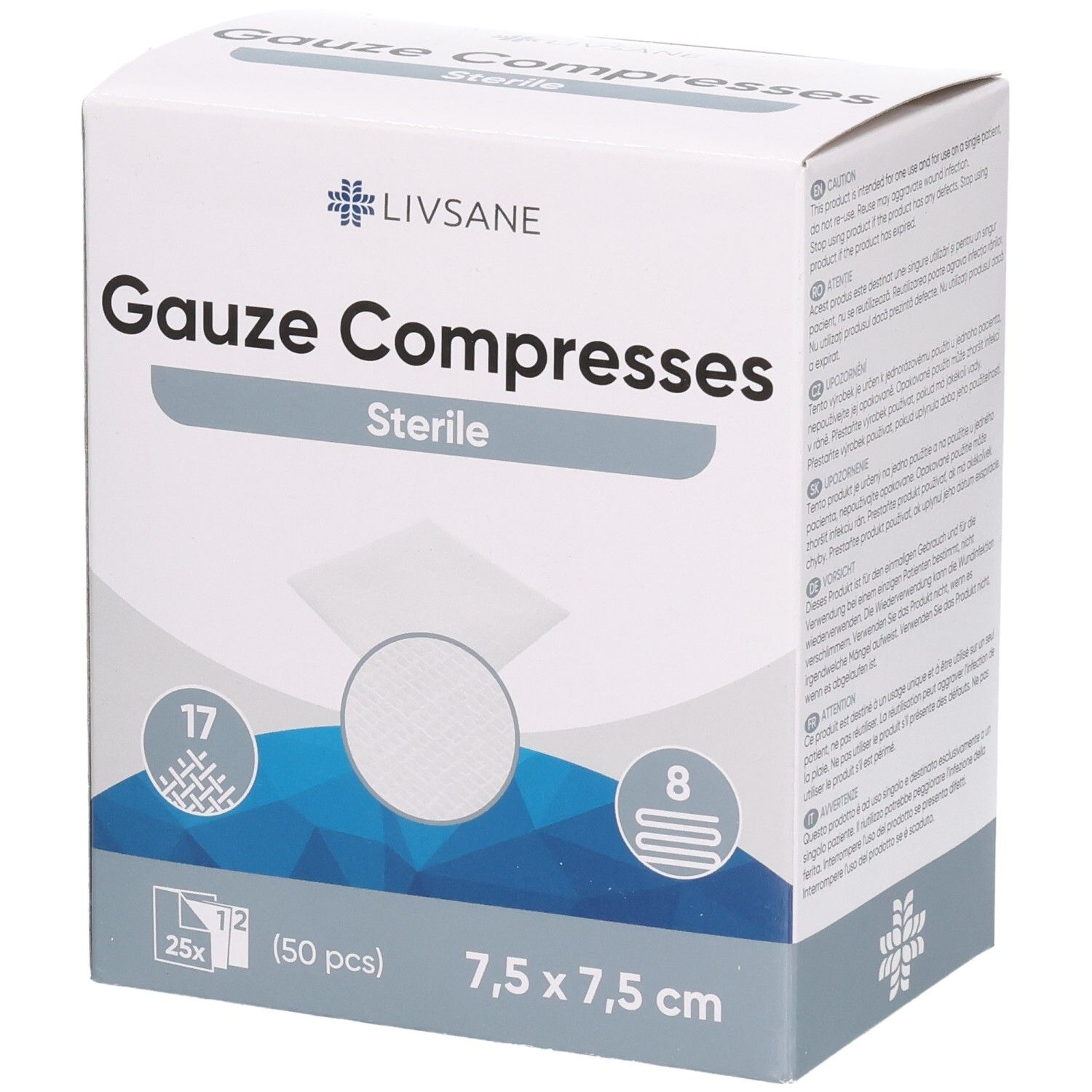 Verpackung von sterilen Mullkompressen 7,5x7,5cm, 50 Stück.
