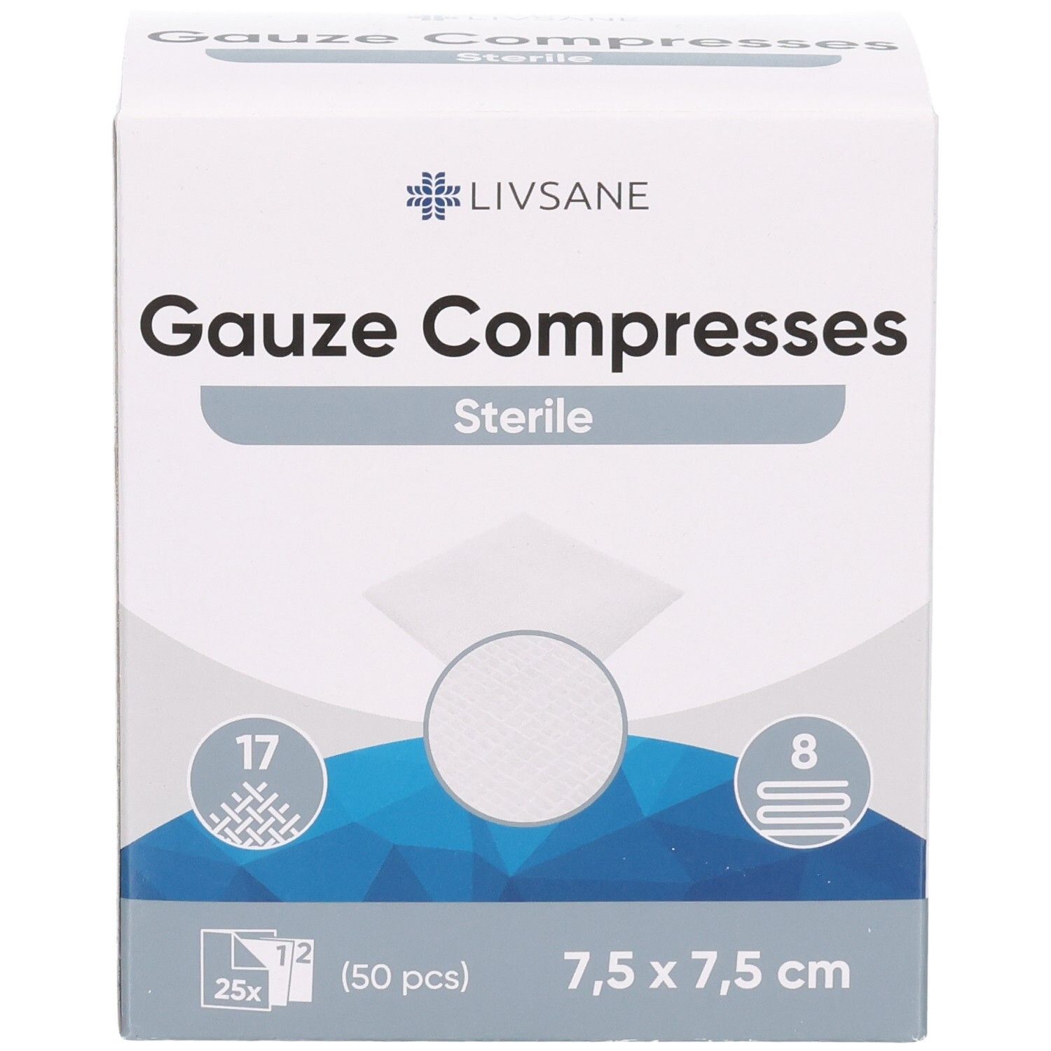 Vorderseite der Verpackung von sterilen Mullkompressen 7,5x7,5cm, 50 Stück.