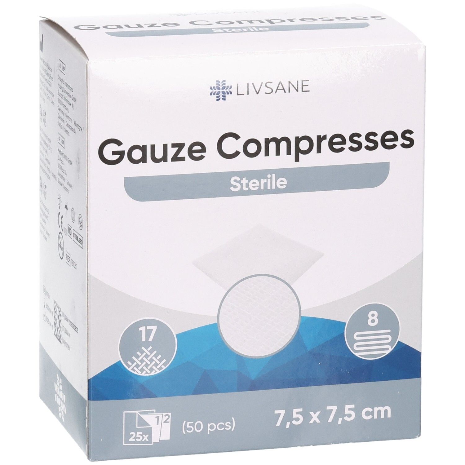 Vorderseite der Verpackung von sterilen Mullkompressen 7,5x7,5cm, 50 Stück.