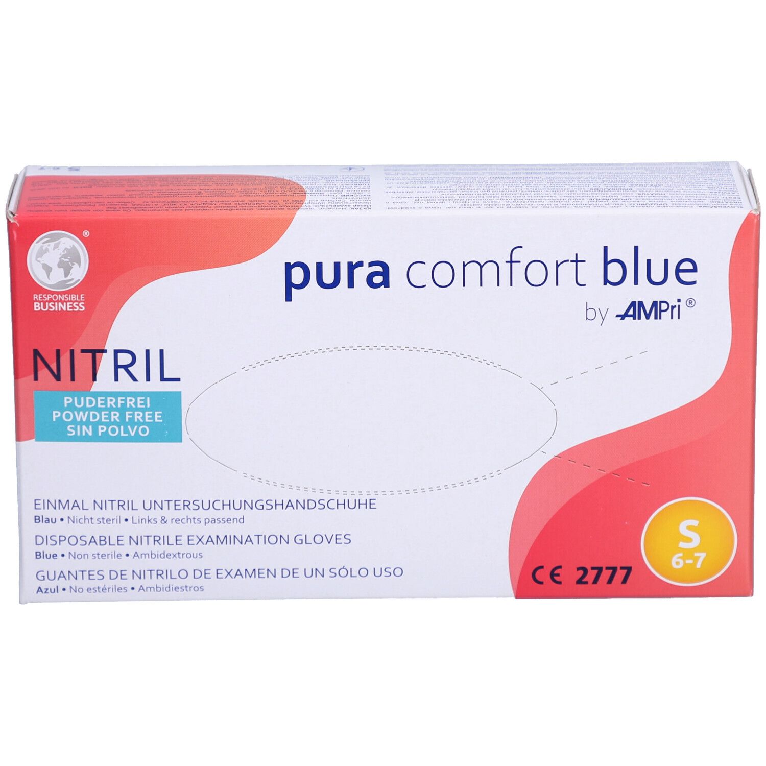 Boîte de gants d'examen en nitrile AMPri puracomfort blue. Bleu, sans poudre, taille S. Inscriptions : Nitrile, CE 2777.