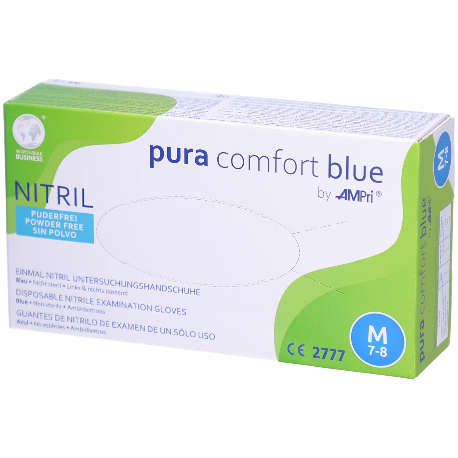 Boîte de gants bleus. Inscription "pura comfort blue" et "NITRIL". Taille M, sans poudre. Marquage CE.