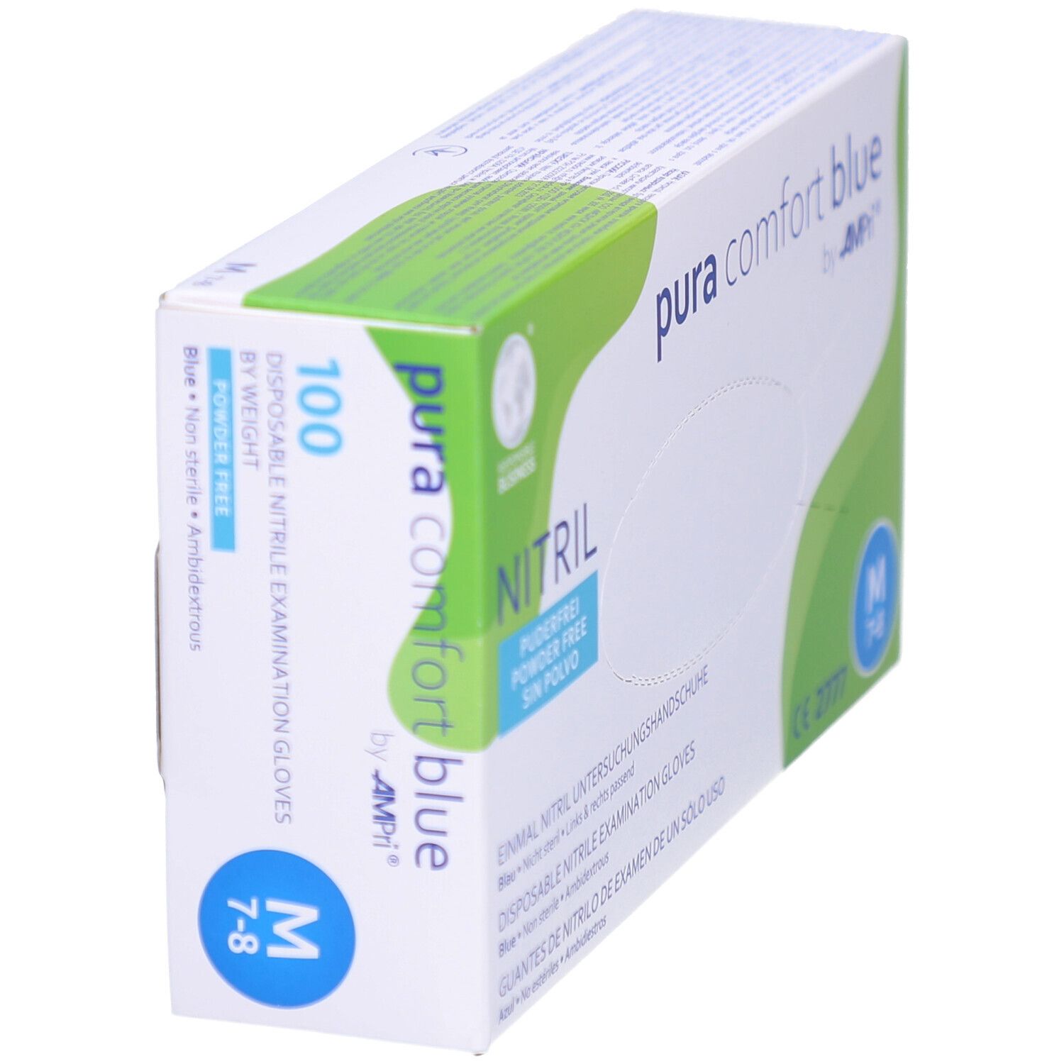 Boîte de gants en biais. Inscription "pura comfort blue" et "NITRIL". Taille M. 100 pièces. Sans poudre.