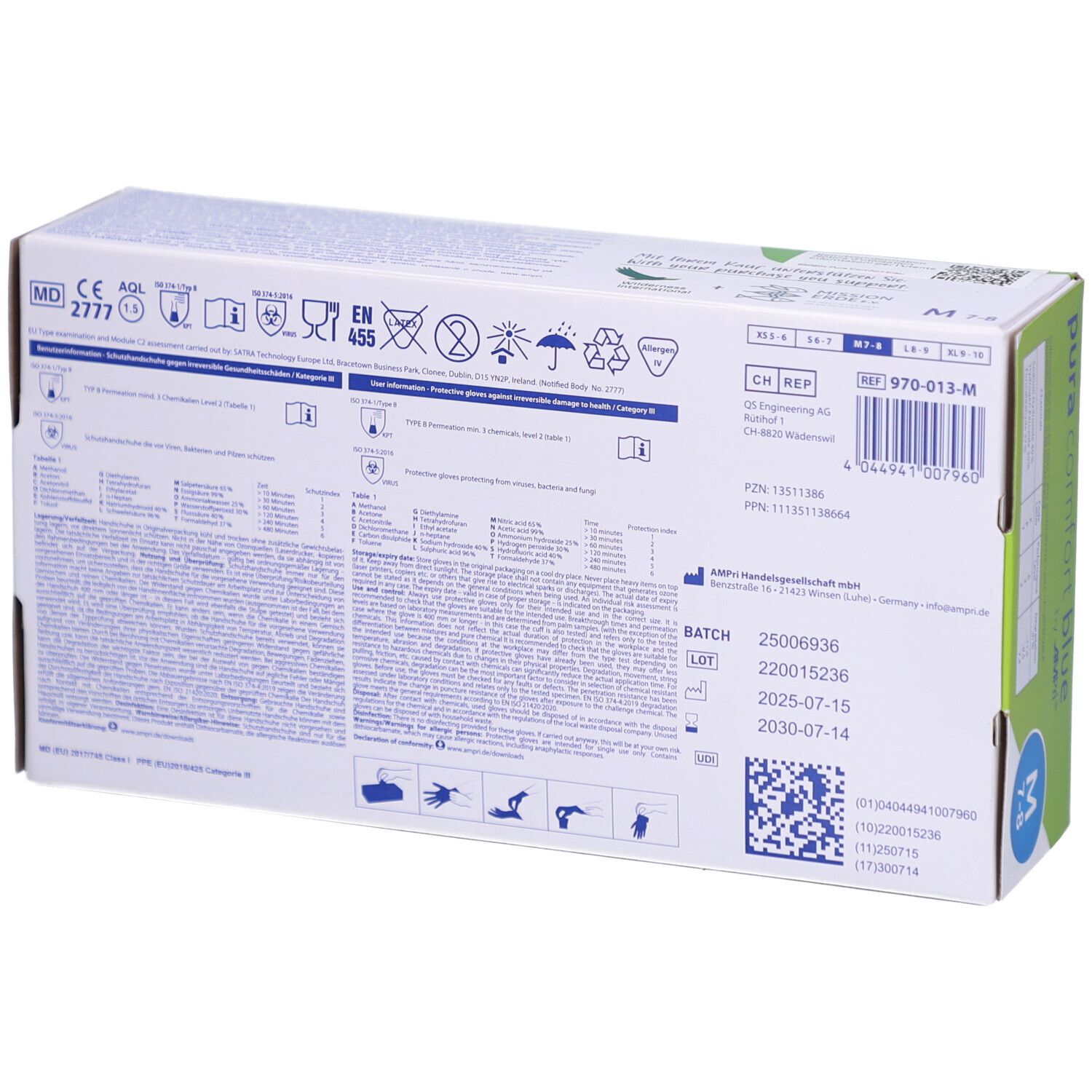 Dos de la boîte de gants. Texte avec informations, numéro de lot, date de péremption et marquage CE.