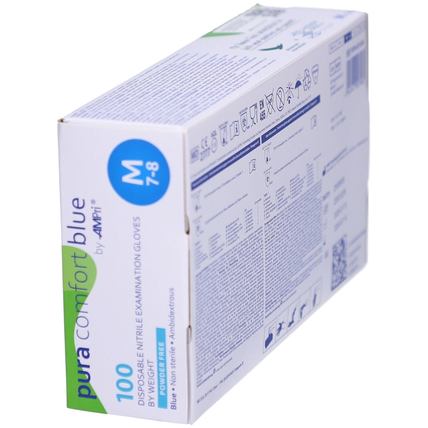 Boîte de gants en biais. Inscription "pura comfort blue" et "NITRIL". 100 pièces. Taille M.