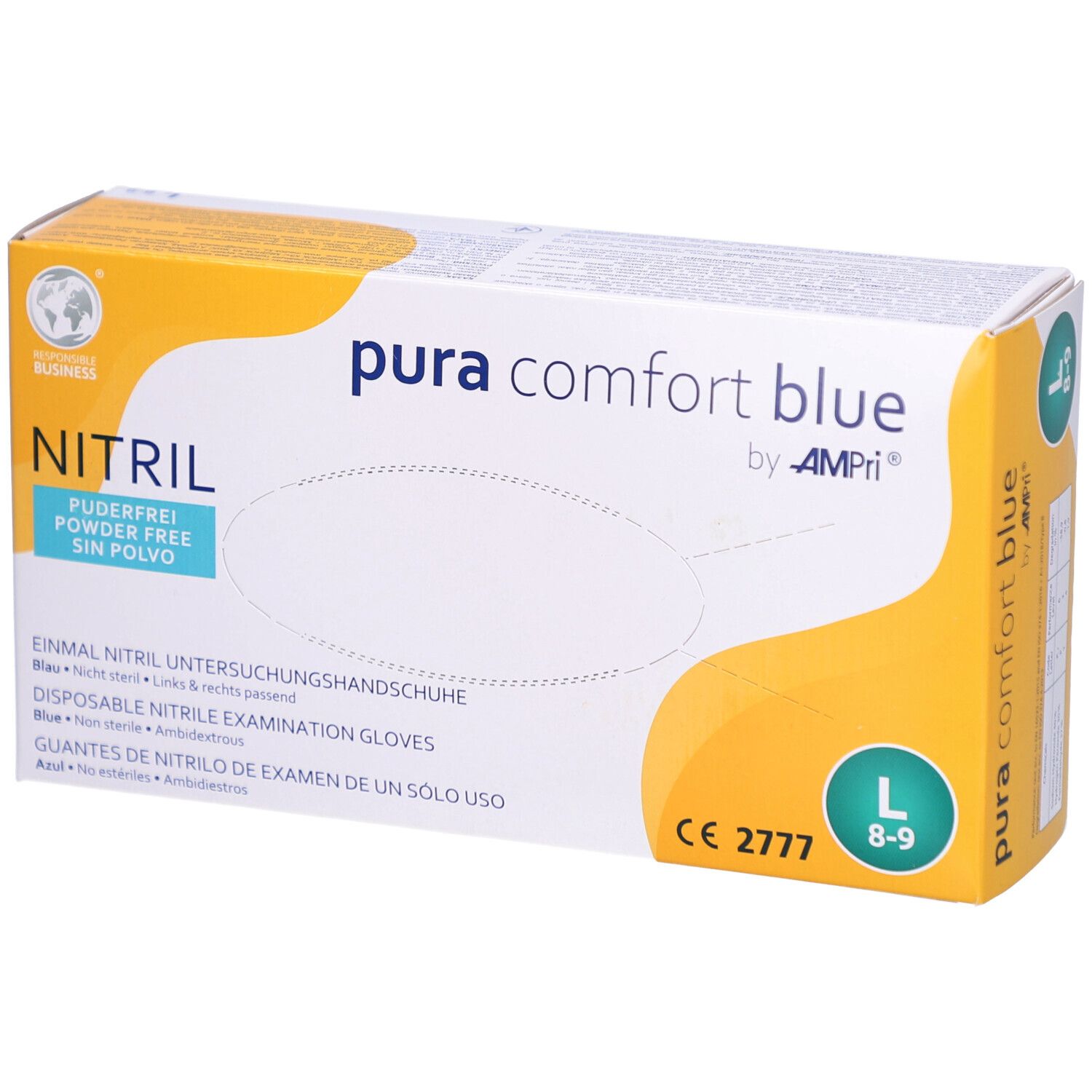 Boîte de gants d'examen en nitrile bleu. Inscription : pura comfort blue by AMPri, taille L, sans poudre, CE 2777.