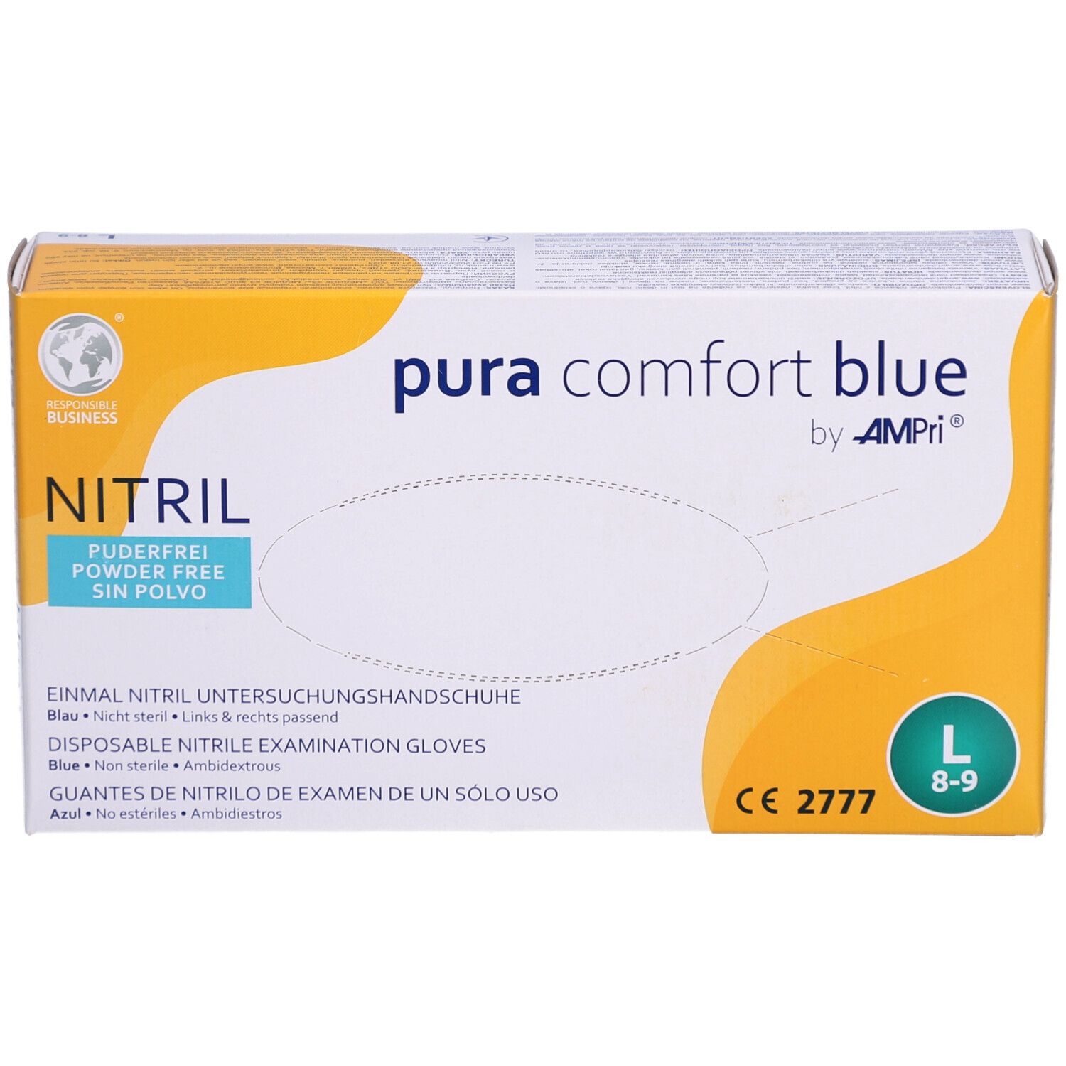 Boîte de gants d'examen en nitrile bleu. Inscription : pura comfort blue by AMPri, taille L, sans poudre, CE 2777.