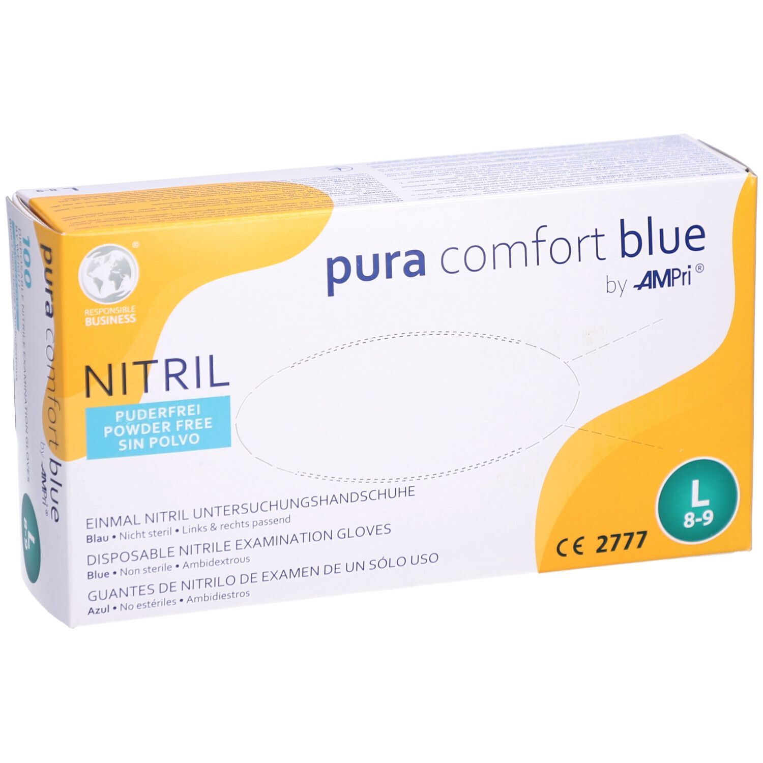 Boîte de gants d'examen en nitrile bleu. Inscription : pura comfort blue by AMPri, taille L, sans poudre, CE 2777.