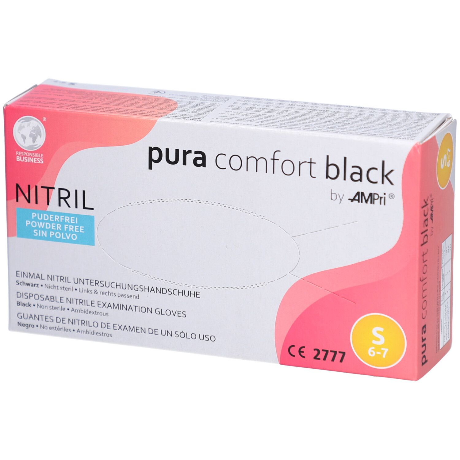 Boîte de gants d'examen en nitrile noir, taille S, sans poudre. Marque AMPri, nom du produit : pura comfort black.