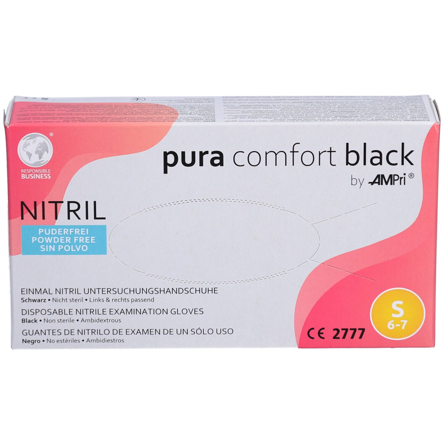 Boîte de gants d'examen en nitrile noir, taille S, sans poudre. Marque AMPri, nom du produit : pura comfort black.