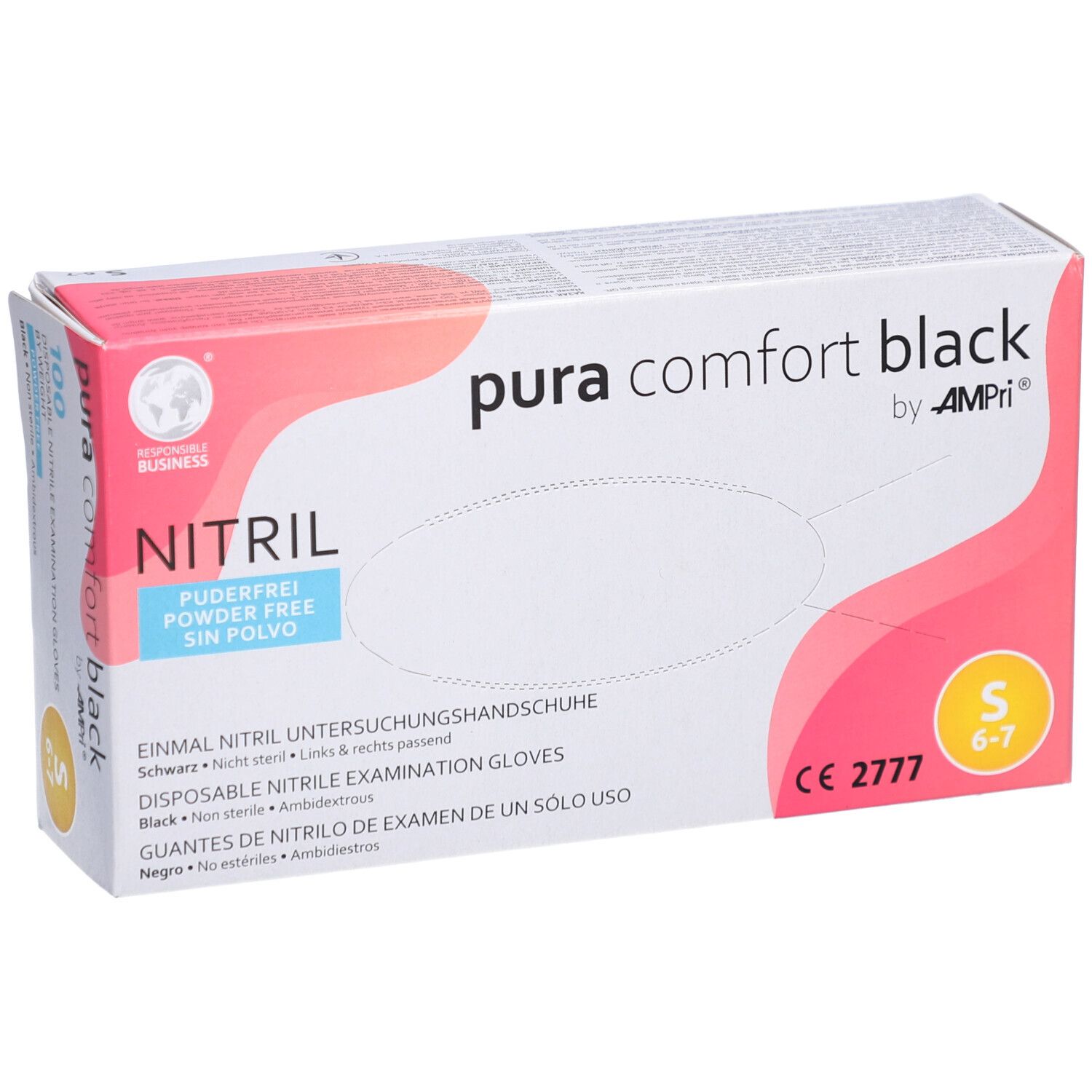Boîte de gants d'examen en nitrile noir. Taille S, 100 pièces. Marque AMPri, nom du produit : pura comfort black.