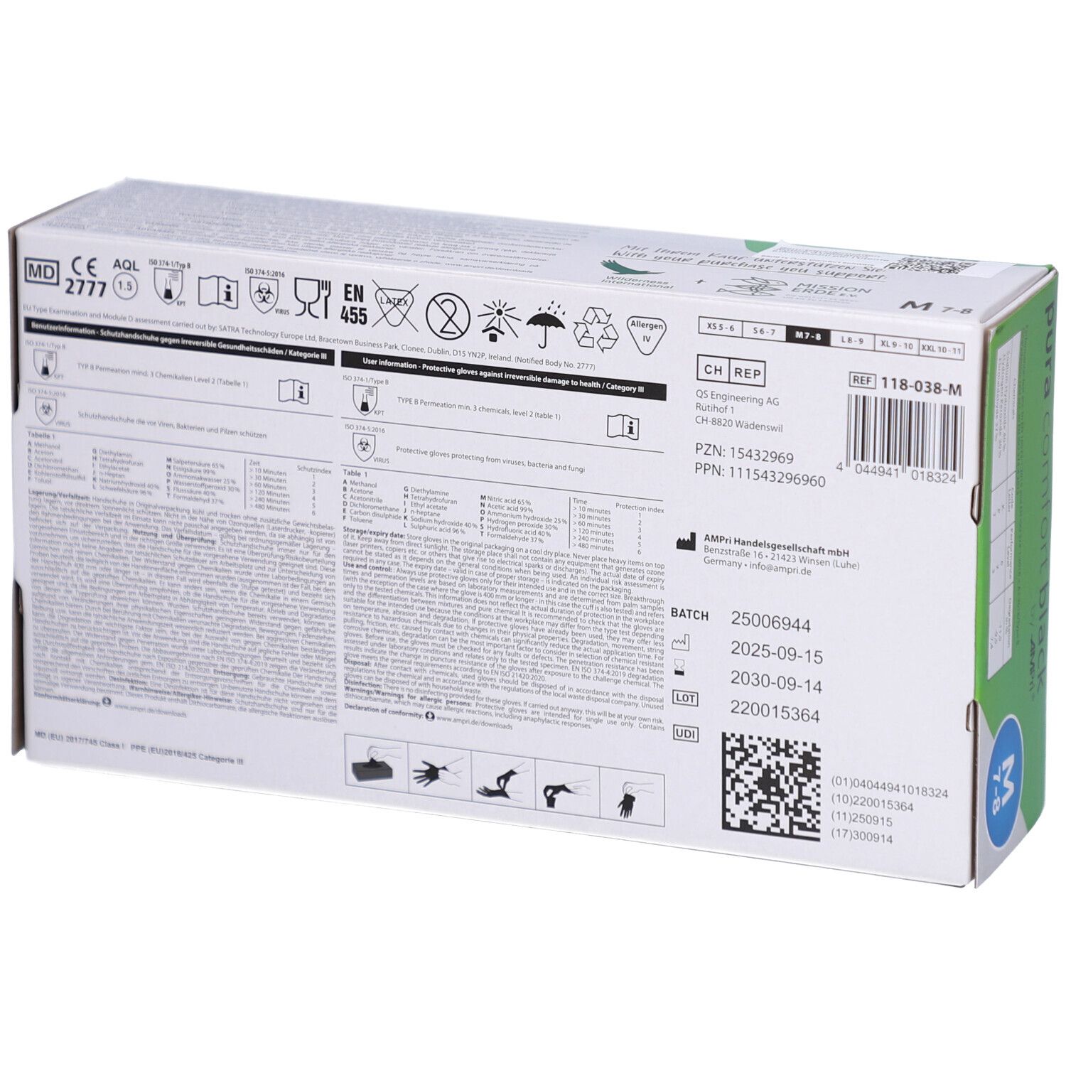 Rückseite der Kartonverpackung mit Informationen, Symbolen und Chargennummer. Größe M.