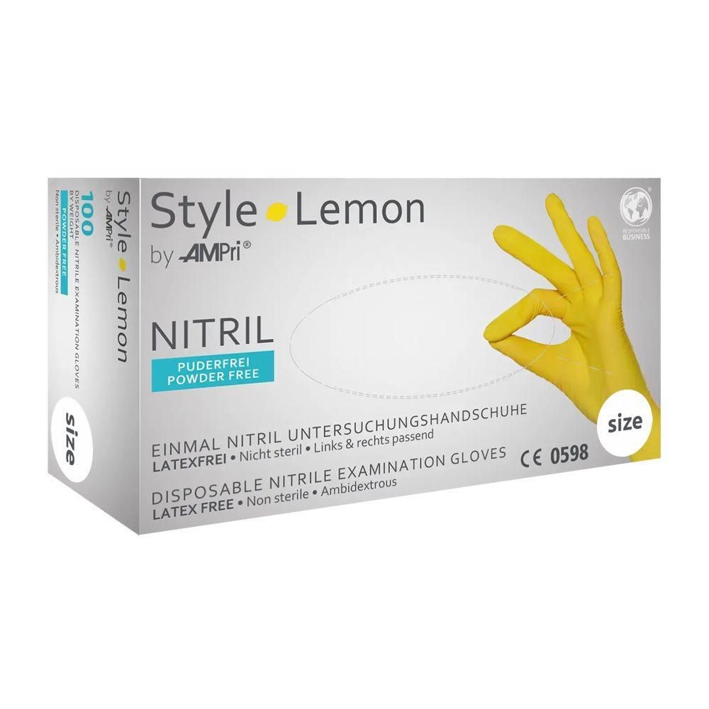 Boîte de gants d'examen en nitrile jaune. Inscription : Style Lemon by AMPri, Nitrile, sans poudre, 100 pièces, taille S.