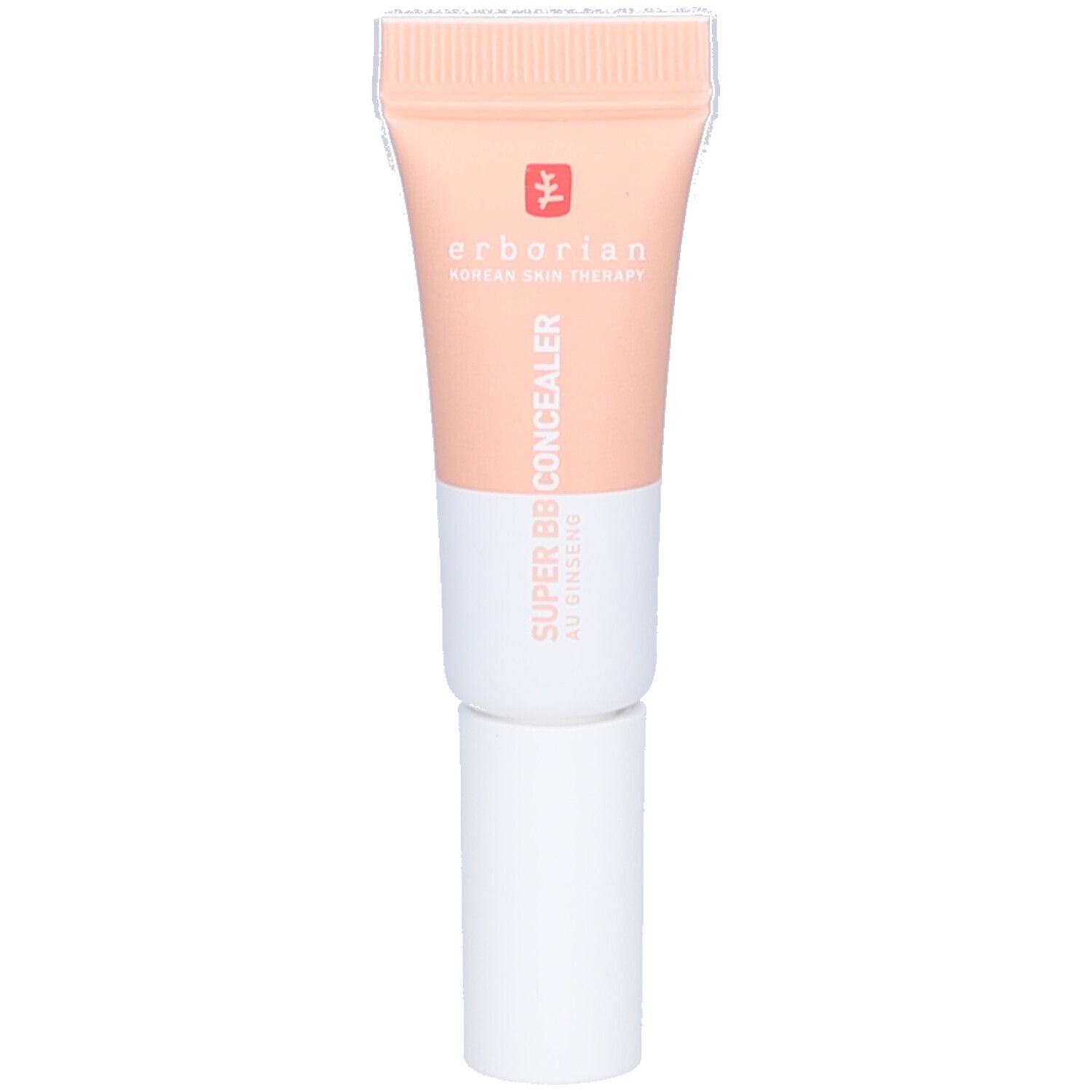 Concealer-Tube, rosa-weiß. Erborian-Logo und Schriftzug. Super BB Concealer. Korean Skin Therapy. Weißer Deckel.
