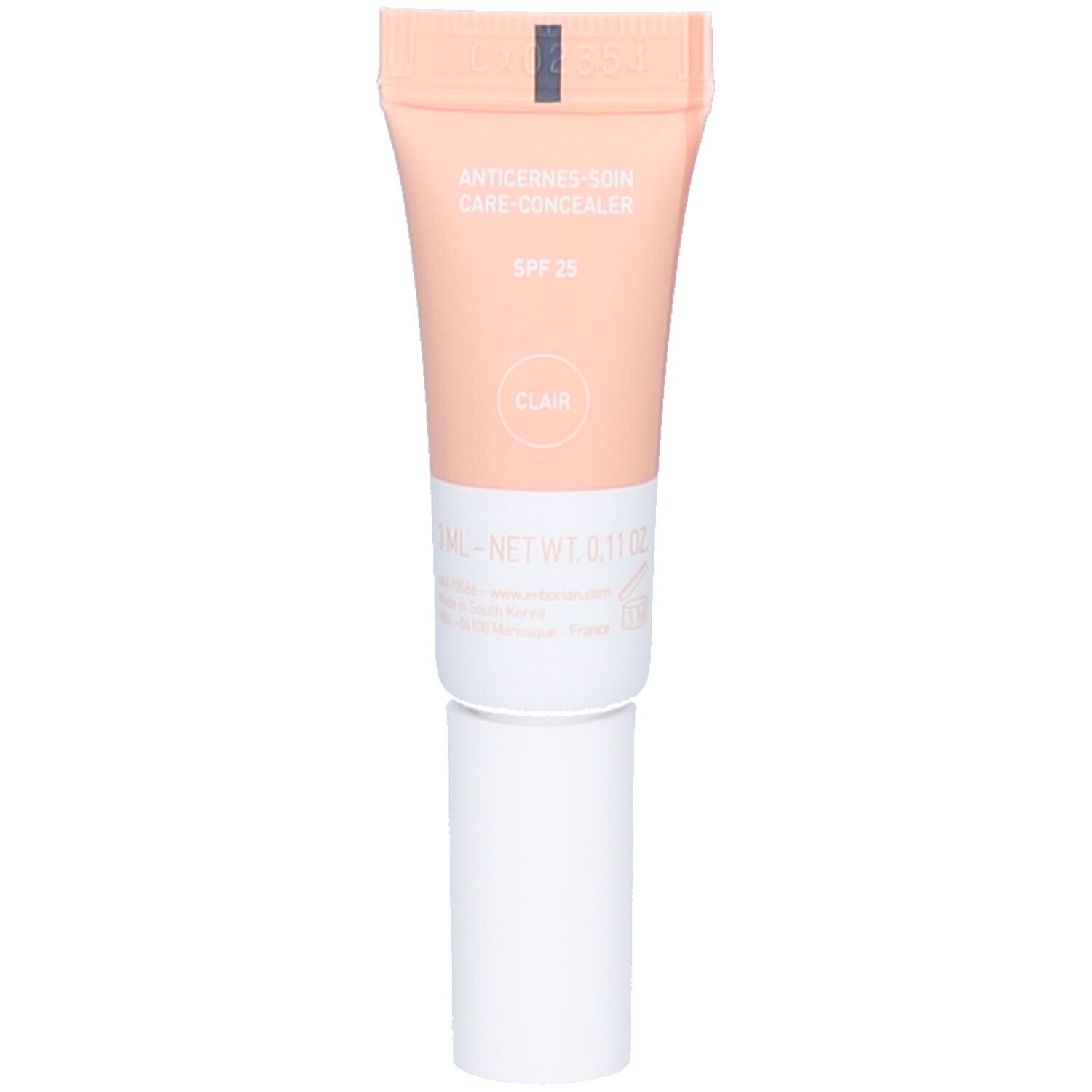Concealer-Tube, rosa-weiß. SPF 25. Clair. Netto 3ml. Erborian. Anti-cernes-soin. Weißer Deckel.