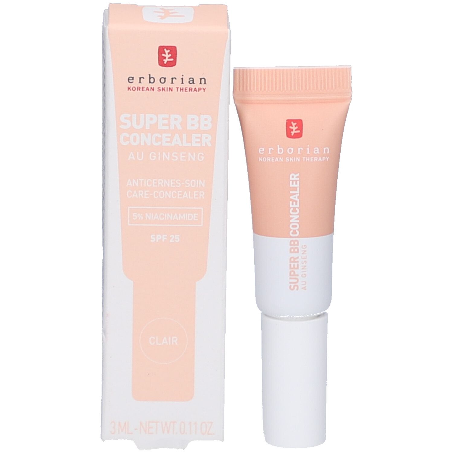 Produktverpackung und Concealer-Tube. Erborian-Logo. Super BB Concealer. Au Ginseng. Clair. SPF 25. 3ml.