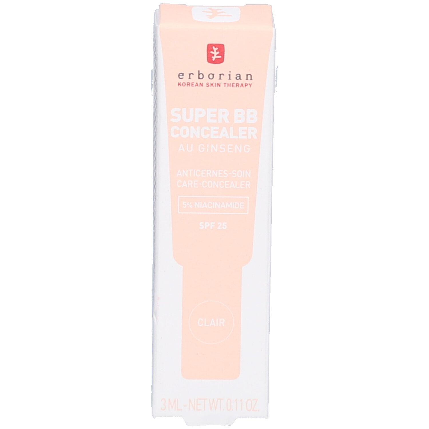 Produktverpackung, rosa. Erborian-Logo. Super BB Concealer. Au Ginseng. Clair. SPF 25. 3ml.