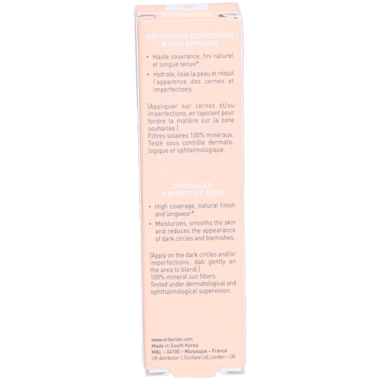 Produktverpackung, rosa. Text: Anti-cernes correcteur. Hohe Deckkraft. Anwendungshinweise. 100% mineralische Filter.