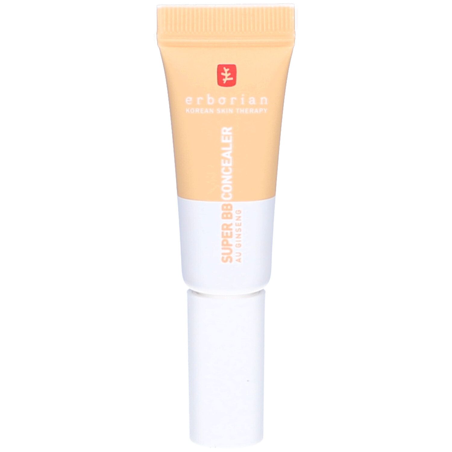 Beige Concealer-Tube mit weißem Deckel. Aufschrift: Super BB Concealer, au Ginseng. Marke und Logo sichtbar.