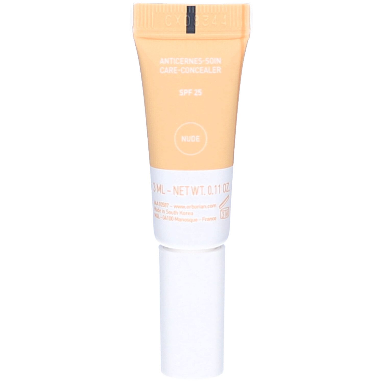 Beige Concealer-Tube mit weißem Deckel. Aufschrift: Anticernes-Soin Care-Concealer, SPF 25, Nude. Marke sichtbar.