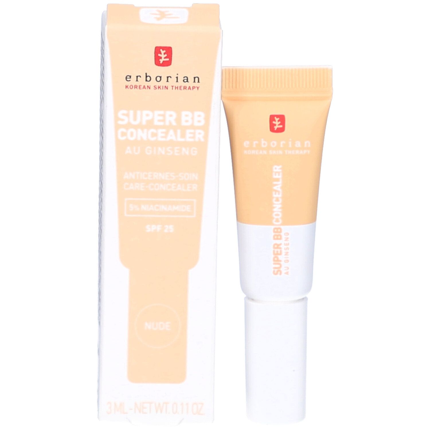 Concealer-Tube und Verpackung. Aufschrift: Super BB Concealer, au Ginseng, Anticernes-Soin Care-Concealer, Nude. Marke und Logo sichtbar.