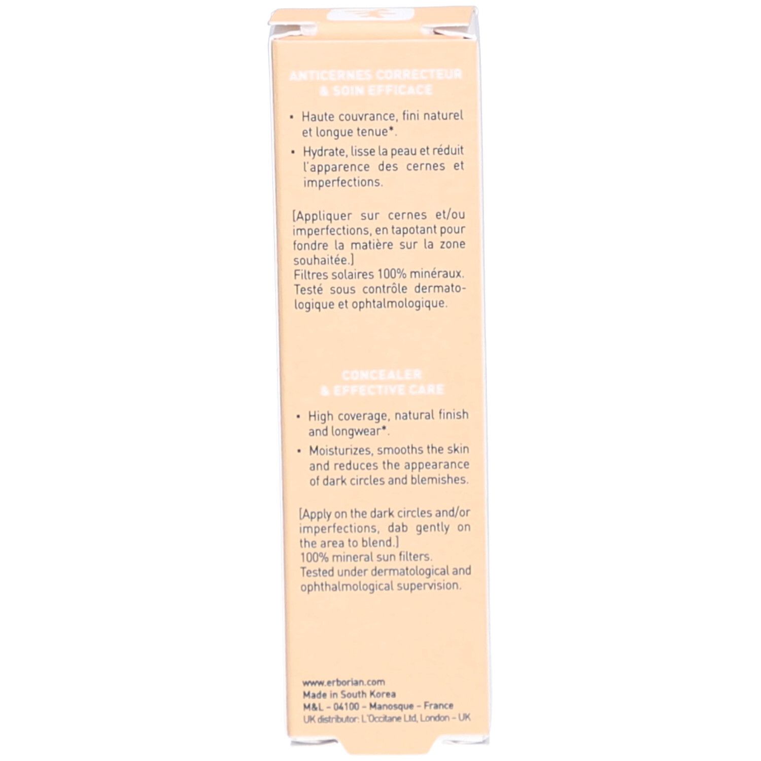 Verpackung mit Produktbeschreibung. Text in französischer Sprache. Informationen zu Deckkraft und Anwendung.