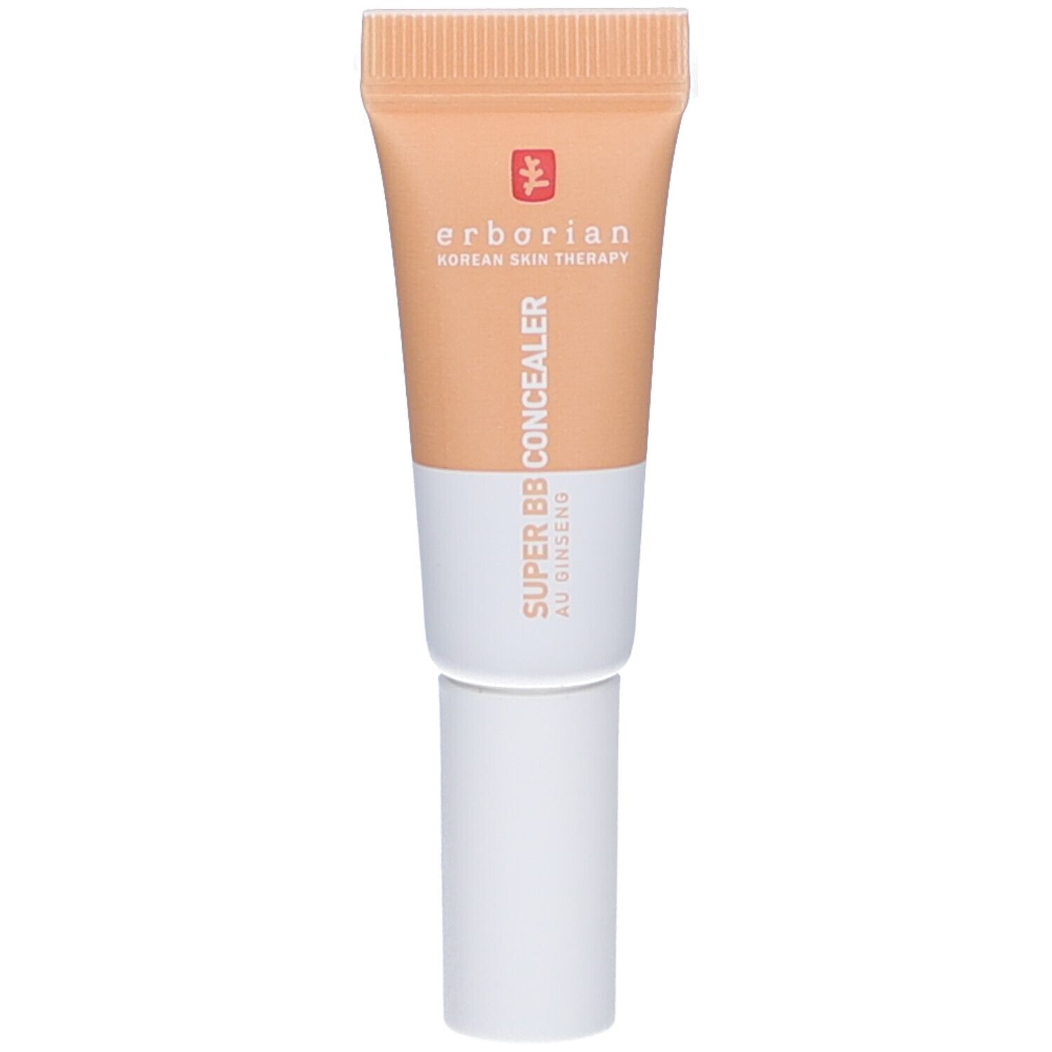 Concealer-Tube, hellbeige, weißer Deckel. Schriftzug: erborian, SUPER BB CONCEALER, AU GINSENG, korean skin therapy.