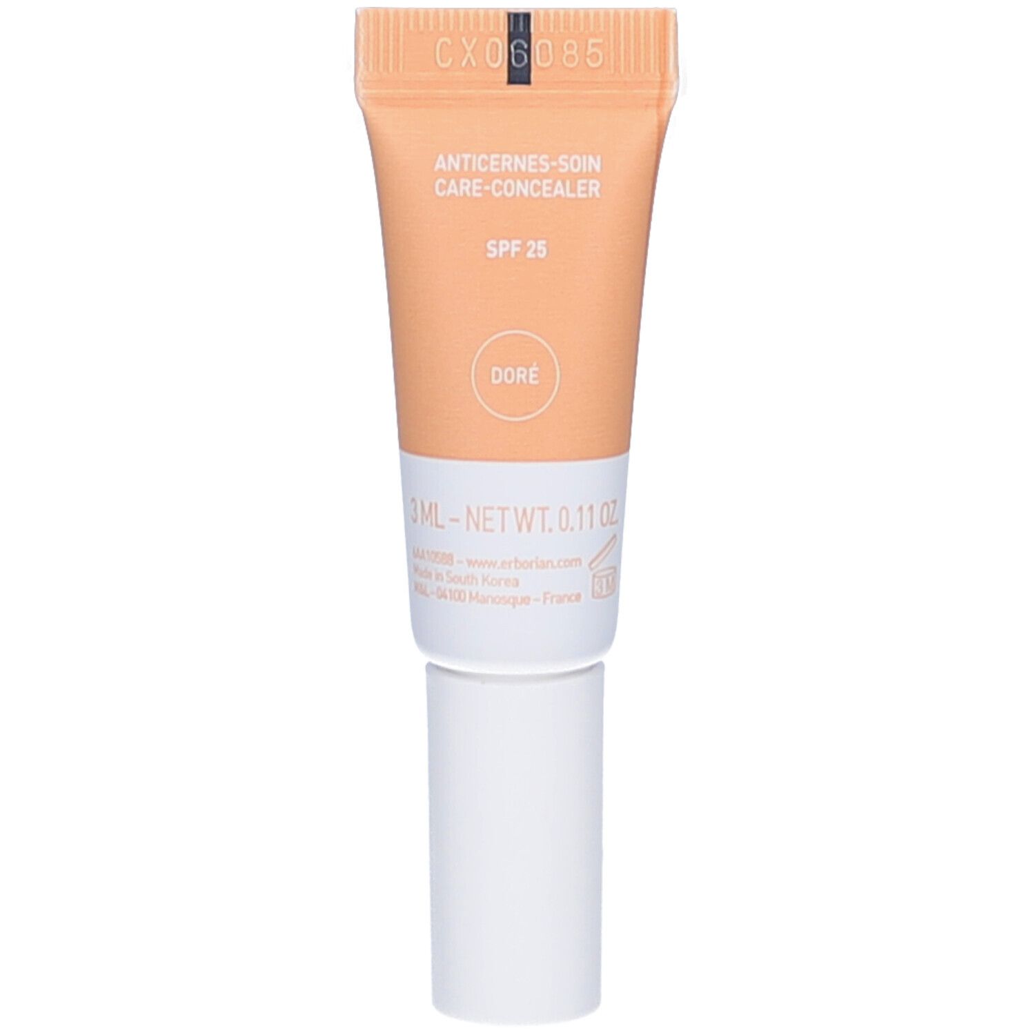 Concealer-Tube, hellbeige, weißer Deckel. Aufschrift: ANTICERNES-SOIN CARE-CONCEALER, SPF 25, DORE.