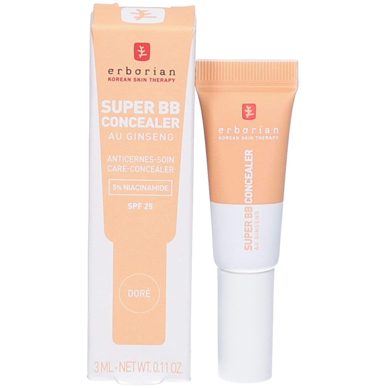 Produktverpackung mit Concealer-Tube. Aufschrift: erborian, SUPER BB CONCEALER, AU GINSENG, ANTICERNES-SOIN CARE-CONCEALER, SPF 25, DORE.