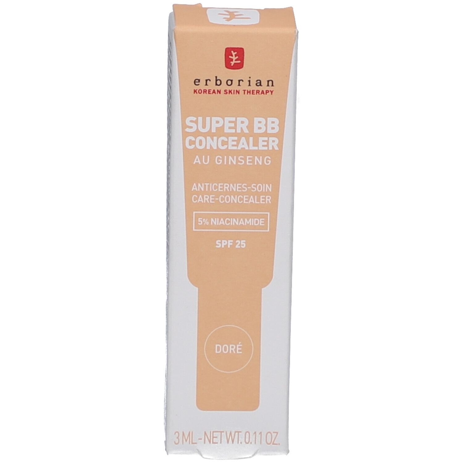 Produktverpackung. Aufschrift: erborian, SUPER BB CONCEALER, AU GINSENG, ANTICERNES-SOIN CARE-CONCEALER, SPF 25, DORE.