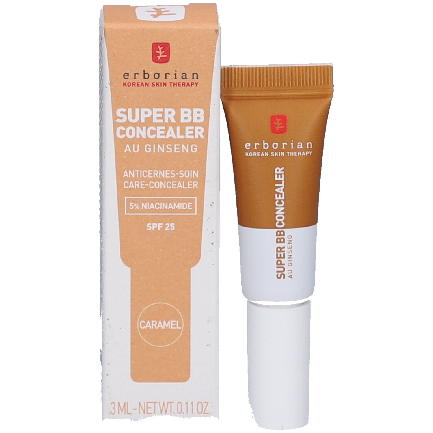 Erborian Super BB Concealer und Verpackung. Farbe: Caramel. Text: SPF 25, 3ml.