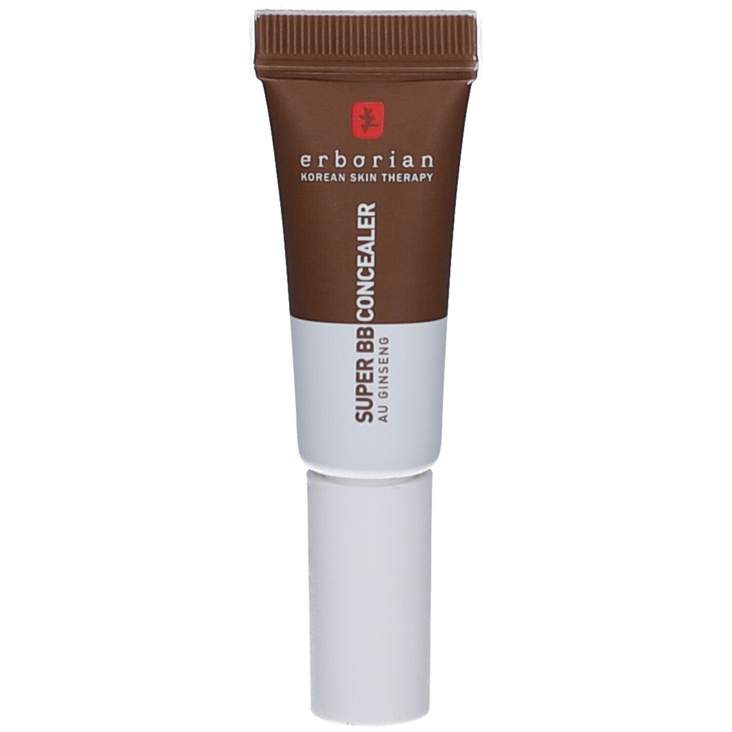 Tube marron et blanc. Inscriptions: ERBORIAN, SUPER BB CONCEALER, AU GINSENG. Produit pour le contour des yeux.