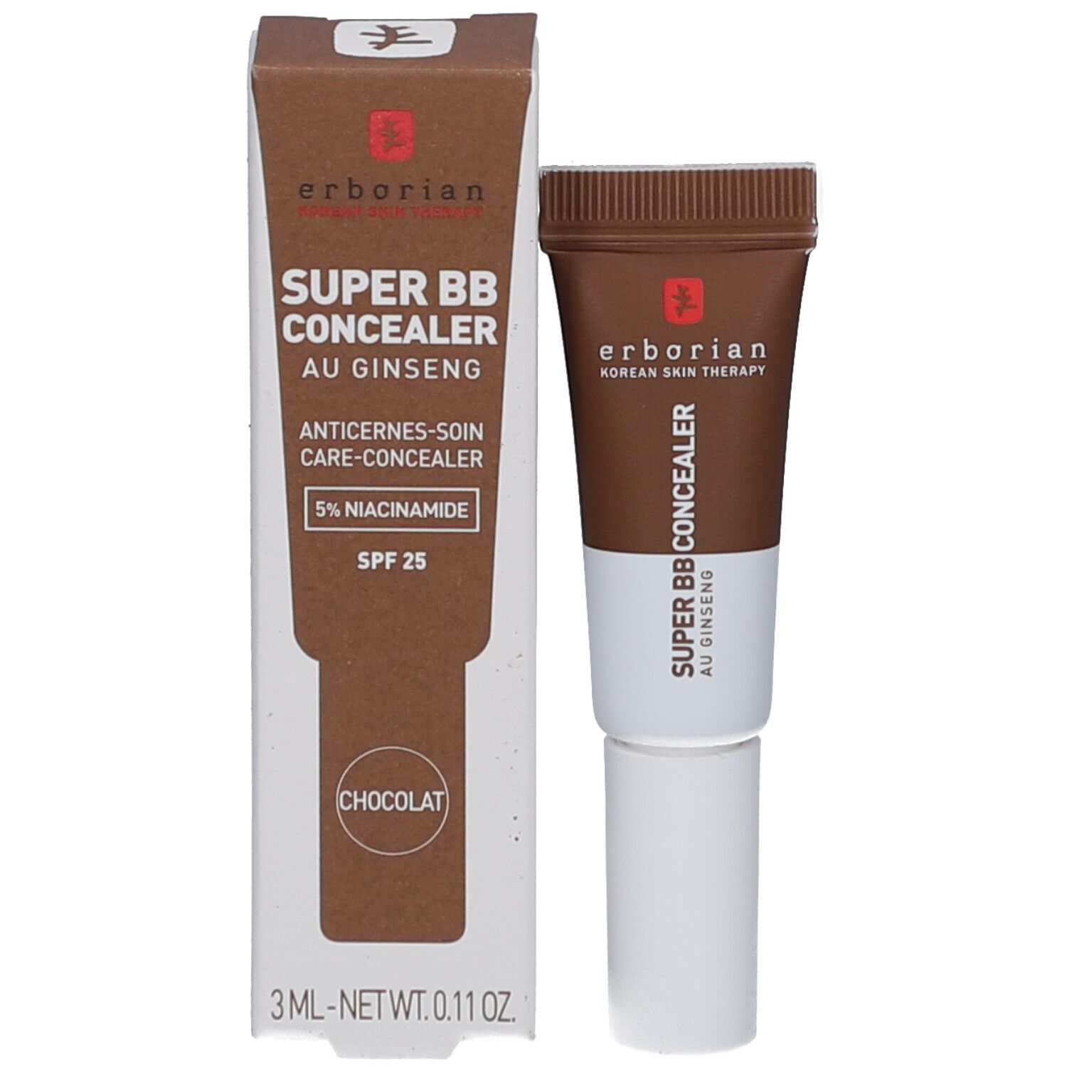 Emballage et tube. Inscriptions: ERBORIAN, SUPER BB CONCEALER, AU GINSENG, ANTICERNES-SOIN CARE-CONCEALER, SPF 25, CHOCOLAT.